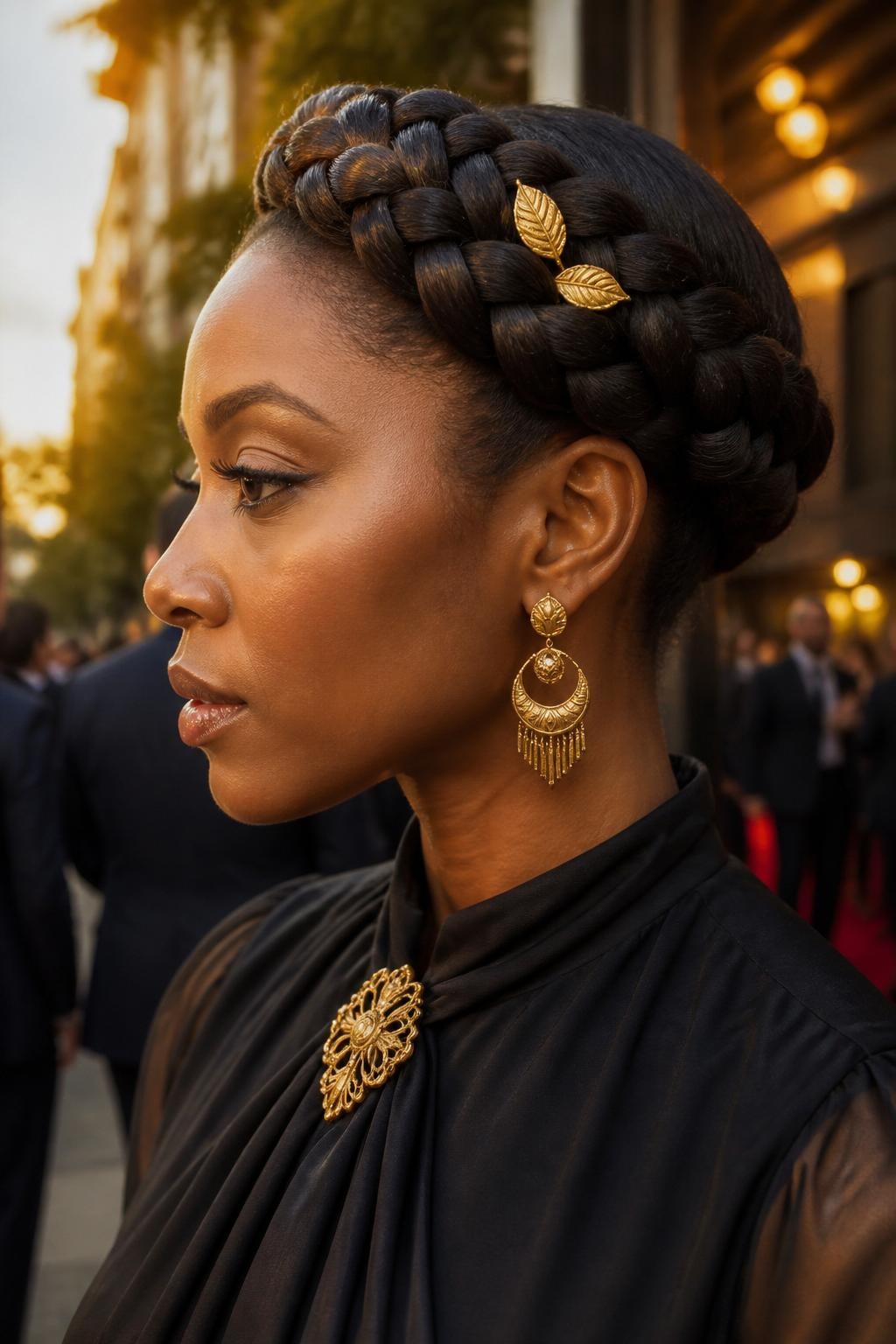 Image prompt: Photo of a Black woman wearing a thick braided crown wrapped smoothly around her head with two small gold leaf pins, side profile view, softly blurred city street background outside an evening venue, golden hour glow, containing statement earrings peeking below the braid and a hair clip attached to her dress collar, realistic fall event moment, latest iPhone photo quality.