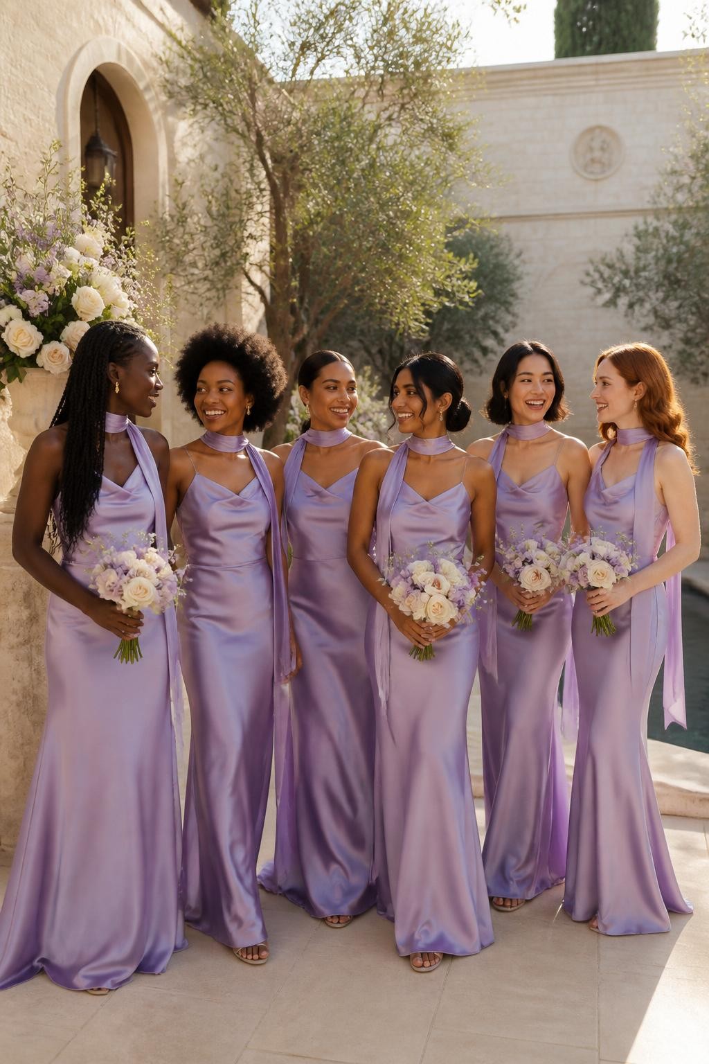 Realistic full-frame DSLR wedding photograph of six bridesmaids wearing floor-length lilac satin gowns with softly draped cowl necklines, narrow matching chiffon scarves wrapped loosely around the neck or allowed to trail down one shoulder, diagonal gathering across the waist, and fluid bias-cut skirts, women with deep ebony, rich mahogany, warm caramel, South Asian olive, East Asian light beige, and fair freckled skin tones, naturally varied ages, heights, bust sizes, and body shapes, bright beautiful faces with distinct individual features, visible natural pores, genuine smiles, and makeup carefully suited to every complexion, hairstyles including long knotless braids, a rounded natural afro, sleek low bun, shoulder-length curls, polished bob, and loose waves, standing in a cream limestone courtyard with ivory roses, lilac sweet peas, olive trees, and a shallow reflecting pool, late-afternoon sunlight creating believable satin highlights, natural fabric ripples, lightly windblown scarves, and relaxed conversational poses.
