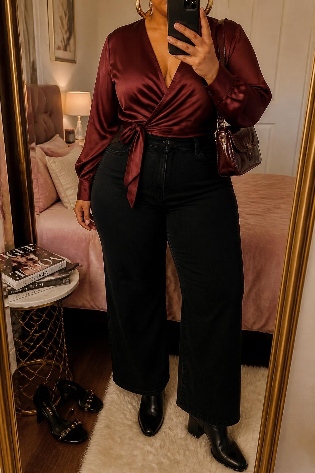 Mirror selfie of a plus size woman wearing solid black high-waisted wide-leg jeans, a burgundy satin wrap blouse with long sleeves and a softly tied waist, black block-heel ankle boots, a burgundy patent shoulder bag, and chunky gold hoop earrings, clearly showing the exact clothing items, colors, satin texture, denim shape, footwear, and accessories listed, holding a phone in front of a mirror, cropped at the neck so the face is hidden, relaxed elegant selfie pose, in a feminine-themed bedroom with warm moody lighting, a pair of heels on the floor nearby and a stack of fashion magazines on a side table, realistic dinner outfit, latest iPhone photo quality.