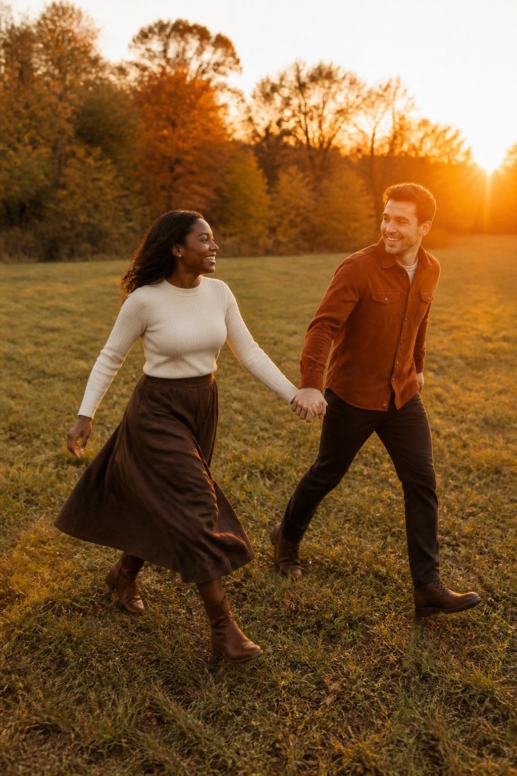 Image Prompt: A joyful interracial couple running hand in hand across an open meadow edged with orange and yellow trees, the Black woman wearing a long chocolate-brown skirt, fitted cream sweater, and leather boots, her skirt moving naturally as she runs, the white man wearing dark trousers, a rust overshirt, and brown boots, both looking toward each other with genuine smiles, photographed at golden hour from a low side angle using a DSLR 35mm lens and fast shutter speed, real grass texture, uneven scattered leaves, believable fabric movement, subtle sun flare near the edge of the frame, natural body proportions, no exaggerated floating motion.