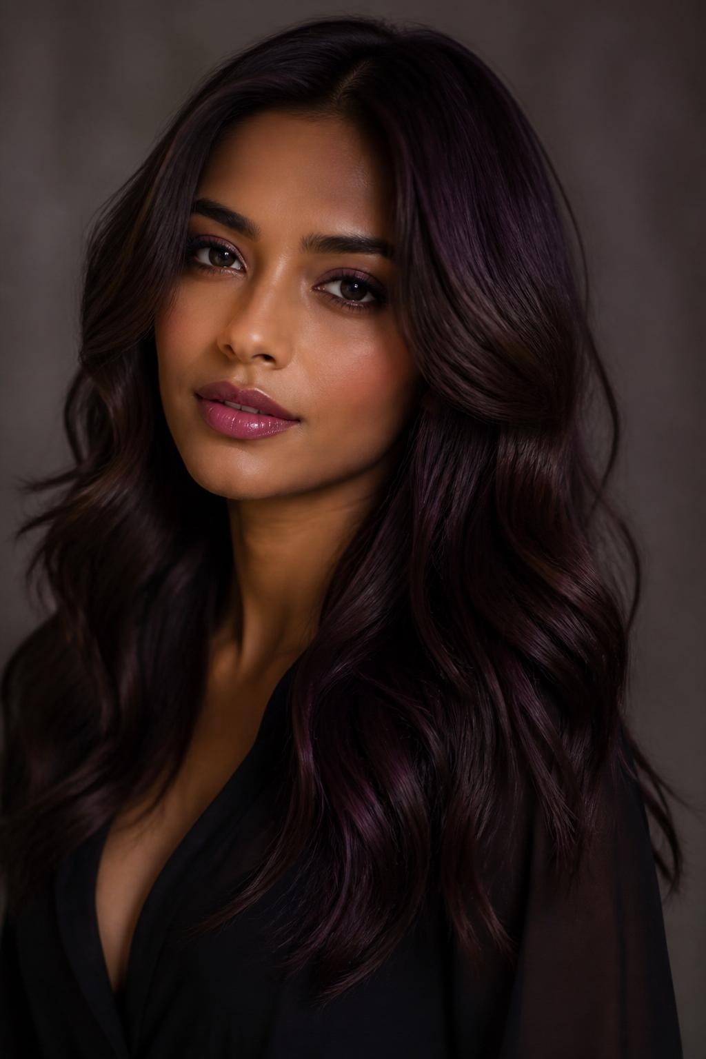 Image Prompt: A beautiful brunette woman with long dark plum brown hair, deep brown base with subtle plum-purple undertones, soft loose waves, medium-deep skin tone, soft berry makeup, glossy lips, black blouse, clean moody studio background, soft warm lighting, realistic DSLR beauty editorial portrait, detailed plum brunette color depth and shine, no text, (no watermarks on images)