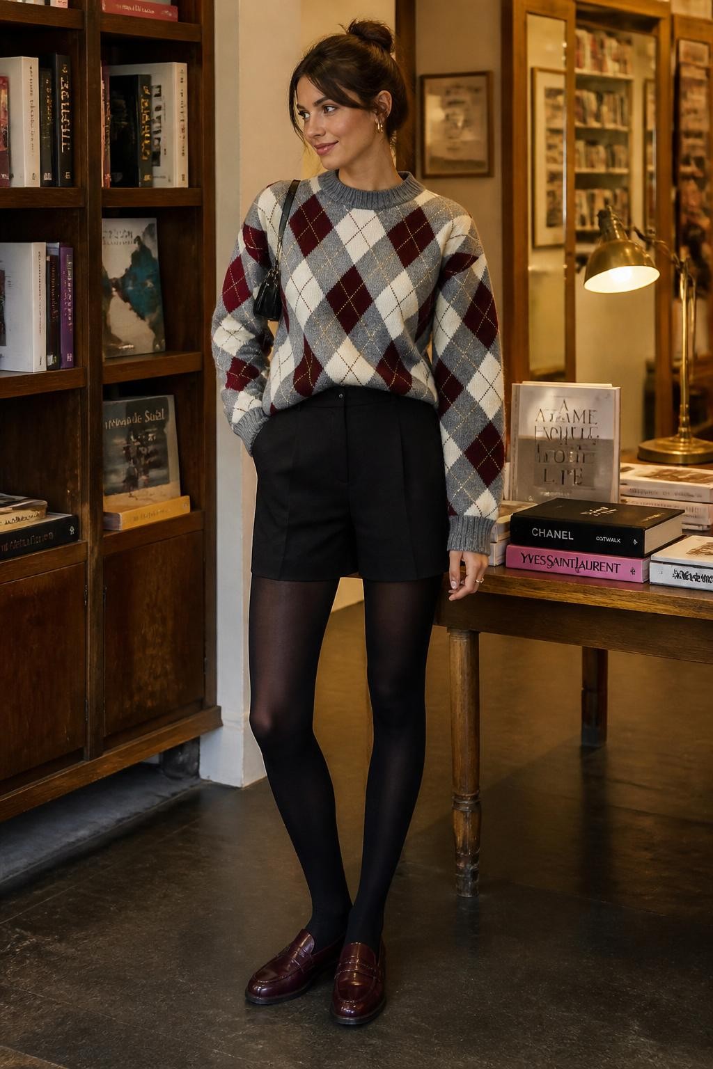 Realistic full-body DSLR fashion photo of a woman wearing a grey, cream, and burgundy argyle sweater, black tailored high-waisted shorts, opaque black tights, burgundy leather loafers, and a small black shoulder bag, standing inside a stylish bookshop with wooden shelves and a reading lamp nearby, warm indoor lighting, exact sweater pattern and outfit pieces clearly visible, polished youthful pose.