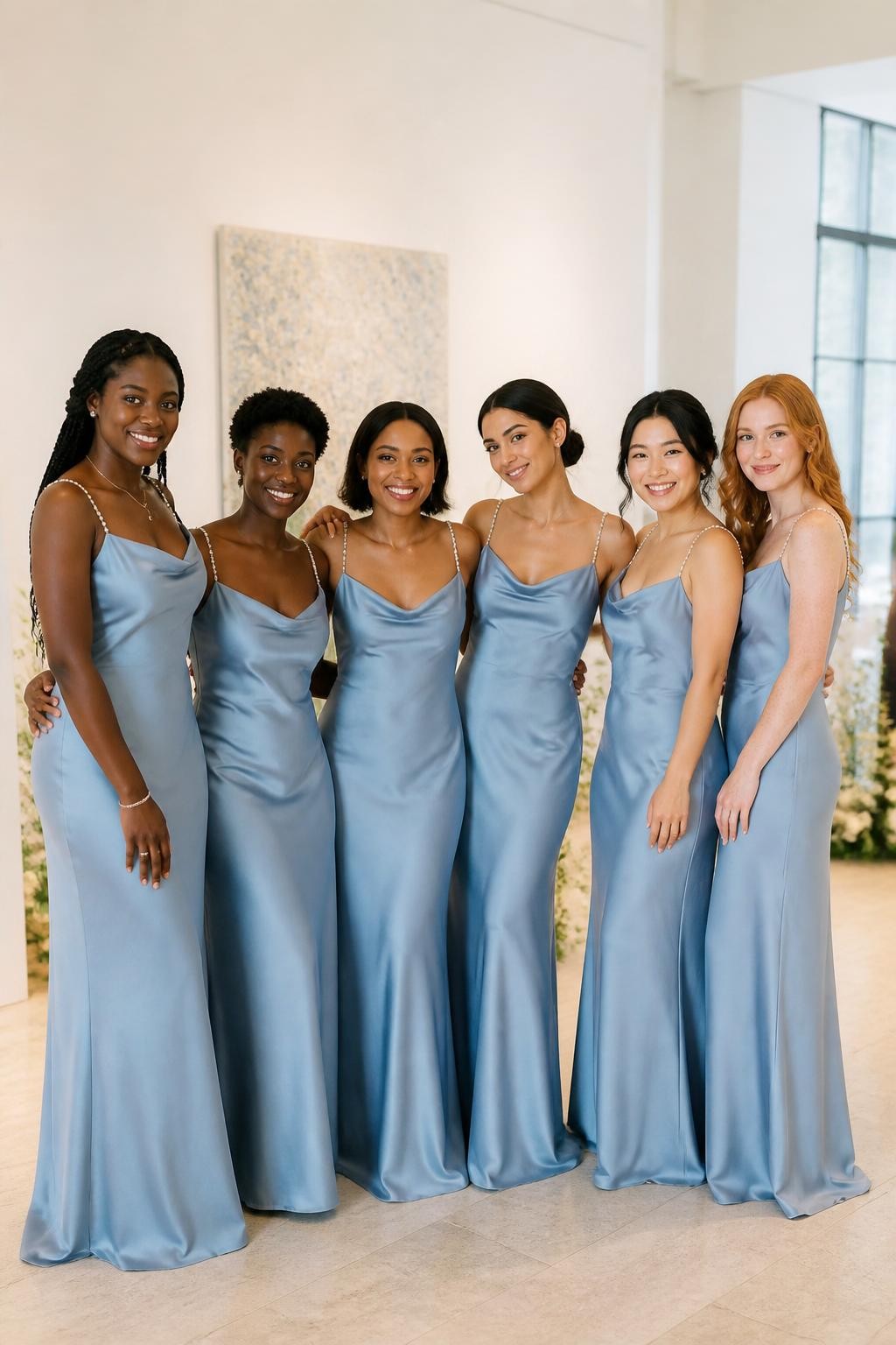 Realistic bright indoor wedding photograph of six bridesmaids wearing dusty blue satin slip dresses with narrow pearl-beaded shoulder straps, necklines varying slightly between straight, scoop, and soft cowl shapes, women with ebony, deep brown, reddish brown, olive, East Asian light beige, and fair freckled complexions, varied heights and body shapes, bright relaxed faces, realistic smiles, natural makeup and skin texture, hairstyles including long braids, short coils, smooth bob, low bun, soft curls, and loose waves, standing inside a sunlit art gallery with white walls, pale limestone floors, large windows, and minimal white floral installations, pearls reflecting tiny natural points of light, realistic satin draping across each figure, clean high-resolution DSLR photography.