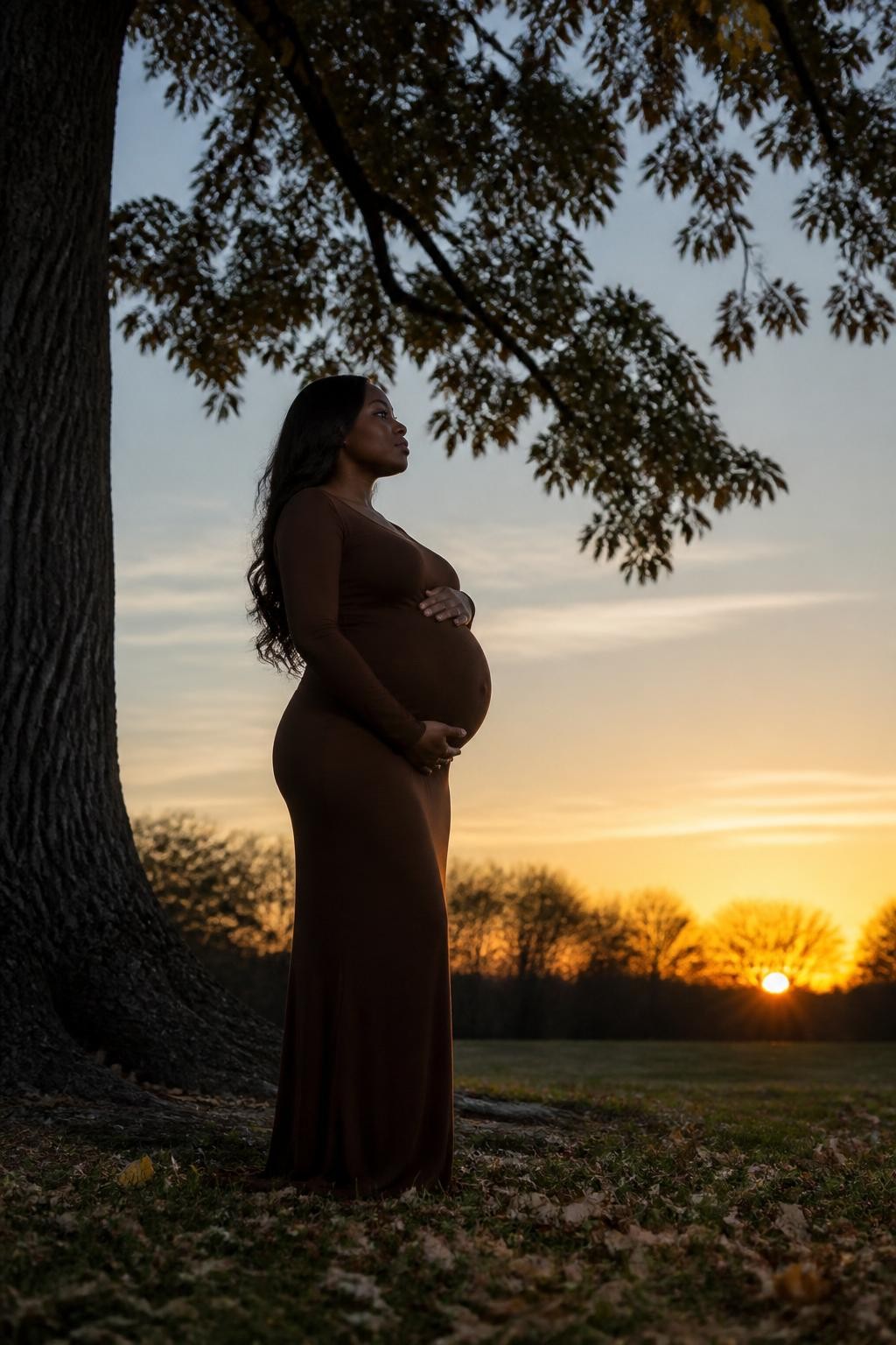 Image Prompt: A pregnant Black woman standing in profile beneath a large oak tree at sunset, wearing a long fitted chocolate-brown maternity dress with full sleeves and a simple floor-length hem, one hand resting above her belly and one below, chin slightly lifted, the dark outline of her body clearly visible against a pale gold and muted blue evening sky, low grass and scattered fallen leaves in the foreground, distant trees softened into shadow, photographed with a DSLR 85mm lens from a low but realistic angle, accurate body silhouette, clean separation between arms and belly, subtle natural rim light, no fantasy sky, no dramatic fabric train, no artificial glowing outline.