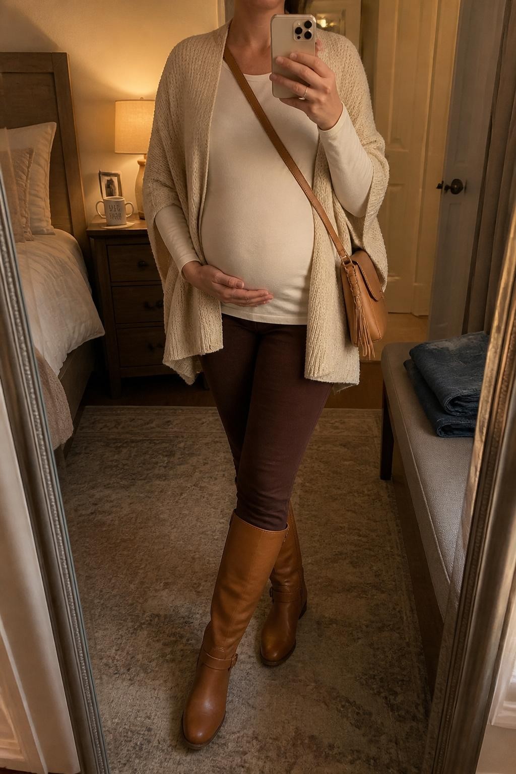 mirror selfie of a pregnant woman wearing an oatmeal knit poncho, brown maternity skinny jeans, cream long sleeve maternity top, tan riding boots, and a camel crossbody bag, clearly showing the same clothing items, colors, fabrics, and accessories listed in the Outfit Pieces section, holding a phone in front of a mirror, cropped at NECK so the face does not show, with a relaxed casual selfie pose, in a cozy bedroom mirror setup, evening golden hour, including coffee mug on a bedside table and folded denim jeans on a bench, latest iPhone photo quality.