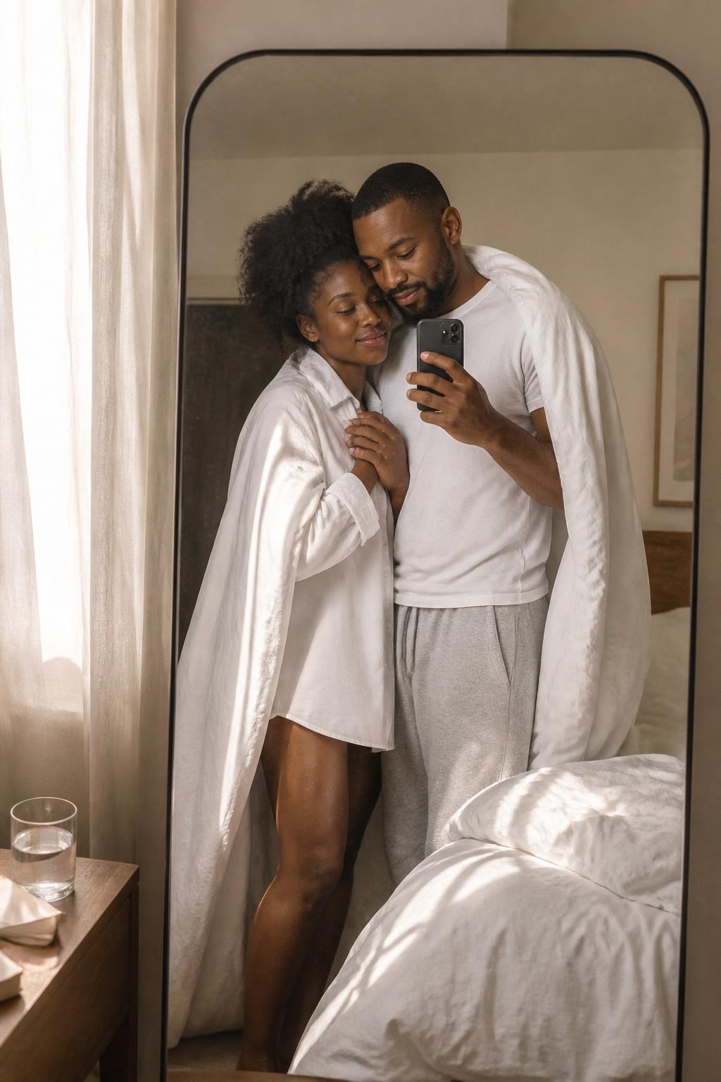 Image prompt: A romantic morning mirror photo of an adult couple reflected in a tall rounded mirror in a sunlit bedroom, featuring a Black woman with deep brown skin and natural textured hair wearing a soft oversized white shirt, standing beside her partner in a plain white tee and lounge pants, both wrapped loosely in a white bedsheet around their shoulders like a shared blanket, their heads leaning gently together, her hand holding the sheet closed at her chest, his hand resting over hers, warm sunlight on rumpled bedding, bedside table with water glass and a small book, sheer curtains, realistic fabric wrinkles, mirror smudges, natural sleepy smiles, soft DSLR lifestyle photography, romantic and tasteful.