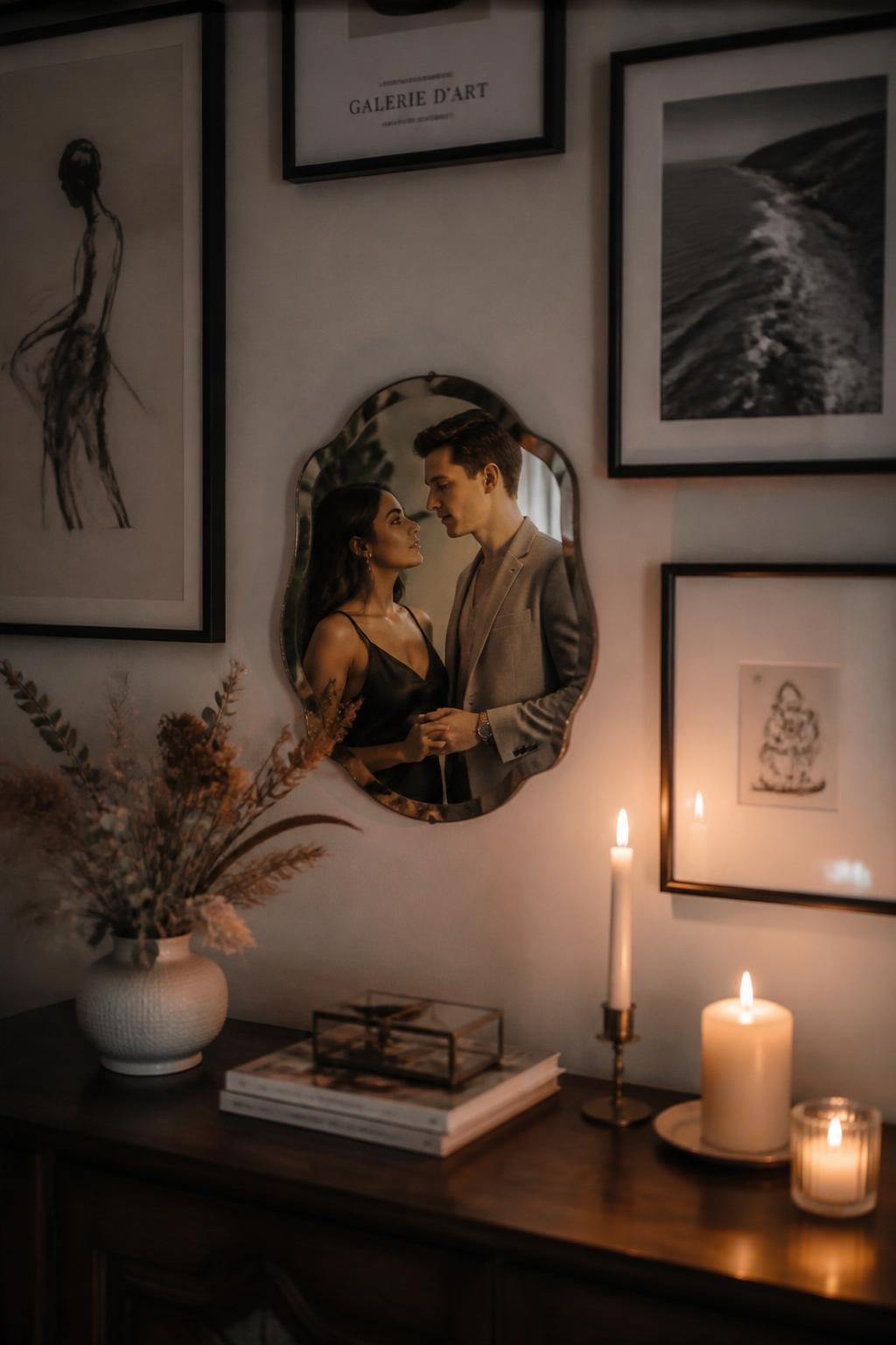 Image prompt: A romantic adult couple reflected in a small decorative mirror within a gallery wall, one partner with olive skin wearing a black slip dress and the other with fair skin wearing a soft gray suit, standing close in a stylish living room, their faces framed inside the small mirror while the rest of the image shows framed art, dried flowers, candles, and a dark wooden console table, one person touching the other’s wrist gently, both looking at each other through the reflection, moody evening light, realistic candle glow, slight mirror distortion, editorial home photoshoot, tasteful romantic mood, DSLR realism.