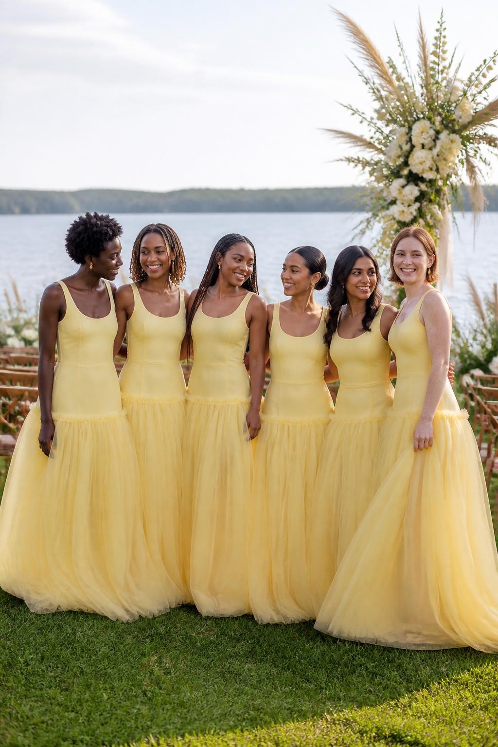 Realistic romantic lakeside wedding photograph of six bridesmaids wearing butter yellow tulle gowns with clean fitted scoop-neck bodices, elongated dropped waists, and airy layered skirts beginning around the upper hips, women with deep ebony, rich warm brown, medium brown, golden tan, South Asian olive, and fair freckled skin tones, varied torso lengths, heights, ages, and body shapes represented naturally, bright expressive faces with realistic skin texture, hairstyles including natural curls, shoulder-length locs, long braids, smooth low bun, layered waves, and short coils, standing beside a lakeside ceremony with cream flowers, pale ribbons, wooden chairs, tall grasses, and calm water, gentle wind moving the tulle naturally, soft golden-hour light passing through the layers, visible fabric edges, accurate anatomy and believable transparency.