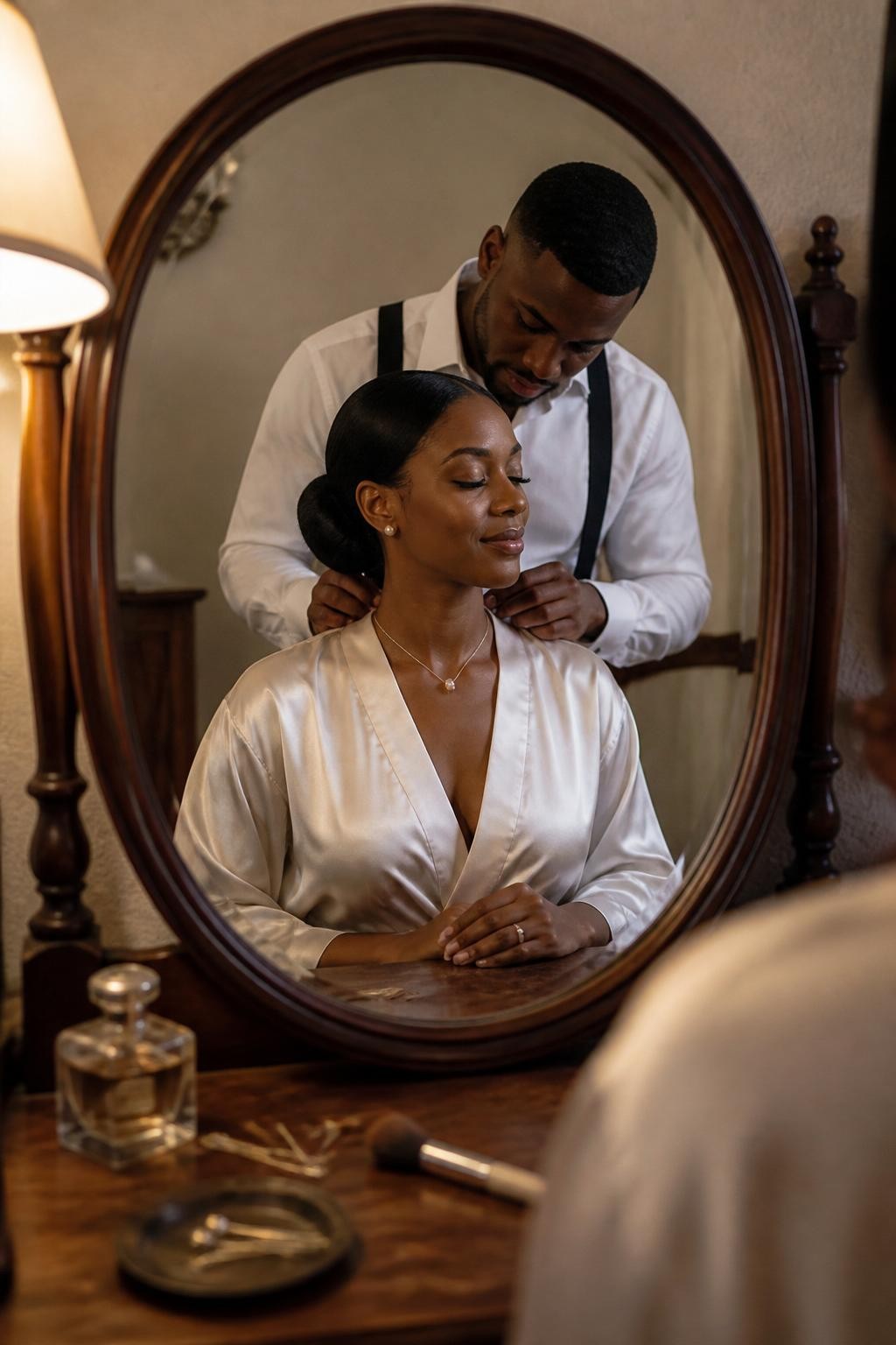 Image prompt: A romantic vanity mirror photo of an adult couple getting ready together, featuring a Black woman with dark skin and a sleek low bun wearing a pearl satin robe, seated at a vintage dressing table while her partner stands behind her fastening a delicate necklace, both visible in the oval vanity mirror reflection, her hands resting softly on the table, his expression focused and gentle, pearl earrings, perfume bottle, loose hair pins, makeup brush, warm lamp glow, cream wall, slightly worn wooden vanity, natural skin texture, realistic mirror glare, quiet romantic getting-ready moment, professional DSLR style.