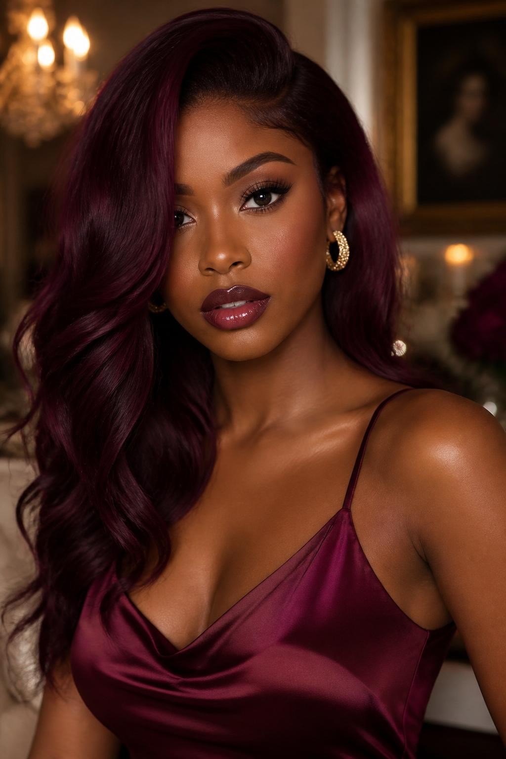 Image Prompt: A glamorous woman with long wine berry plum hair, deep red-purple shade with soft burgundy undertones, loose flowing waves, side part, medium-deep skin tone, warm glam makeup, glossy berry lips, gold earrings, satin wine-colored dress, elegant indoor background, soft warm lighting, realistic DSLR editorial portrait, detailed rich color shine, no text, (no watermarks on images)