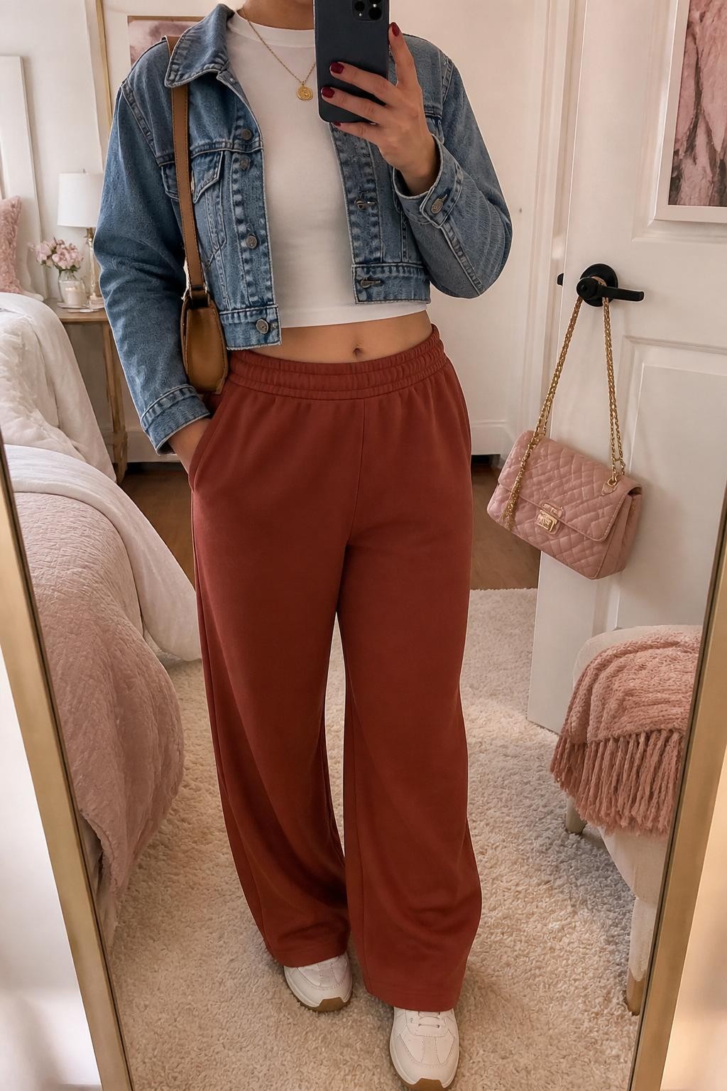 Mirror selfie of a woman wearing a cropped medium-wash denim jacket, white fitted baby tee, rust wide-leg sweatpants, white low-profile sneakers, gold pendant necklace, and a caramel shoulder bag, holding a phone in front of a mirror, cropped at NECK so the face does not show, relaxed casual selfie pose, in a feminine-themed bedroom, soft indoor lighting, with a handbag hanging on a door handle and a folded blanket on a chair, latest iPhone photo quality.