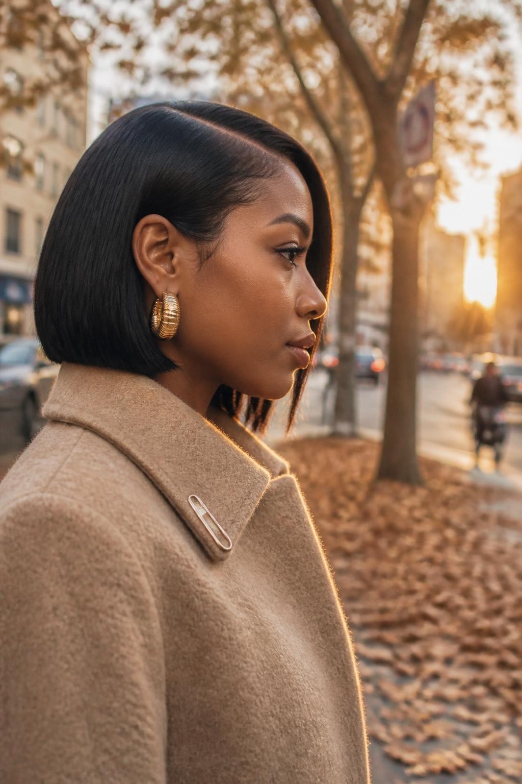 Image prompt: Photo of a Black woman wearing a jaw-length blunt bob with a deep side part and one side tucked neatly behind her ear, side profile view, softly blurred city street background with fallen brown leaves, golden hour glow, containing chunky gold earrings peeking through and a slim hair clip attached to her coat collar, realistic candid fall moment, latest iPhone photo quality.