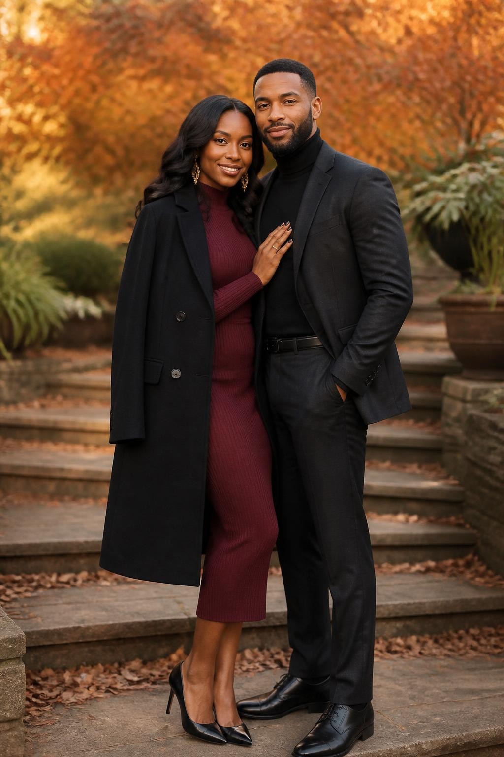 Romantic fall engagement-style photoshoot of a Black woman wearing an oxblood fitted knit midi dress, black pointed heels, gold drop earrings, and a black wool wrap coat draped over her shoulders, standing beside her partner wearing a charcoal suit jacket, black turtleneck, charcoal trousers, and black dress shoes, in a garden with deep orange leaves and stone steps, warm golden hour lighting, DSLR photo quality, elegant close pose, beautiful faces visible.