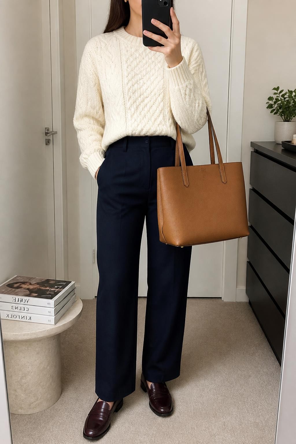 Mirror selfie of a woman wearing an ivory cable-knit fisherman sweater, high-waisted dark navy straight-leg trousers, burgundy leather loafers, a structured camel tote bag, and small gold stud earrings, clearly showing the exact clothing items, colors, fabrics, and accessories listed, holding a phone in front of a minimal dressing room mirror, cropped at the neck so the face does not show, relaxed casual selfie pose, soft indoor lighting, a stack of fashion magazines on a side table and a small plant on a dresser, polished and uncluttered, latest iPhone photo quality.