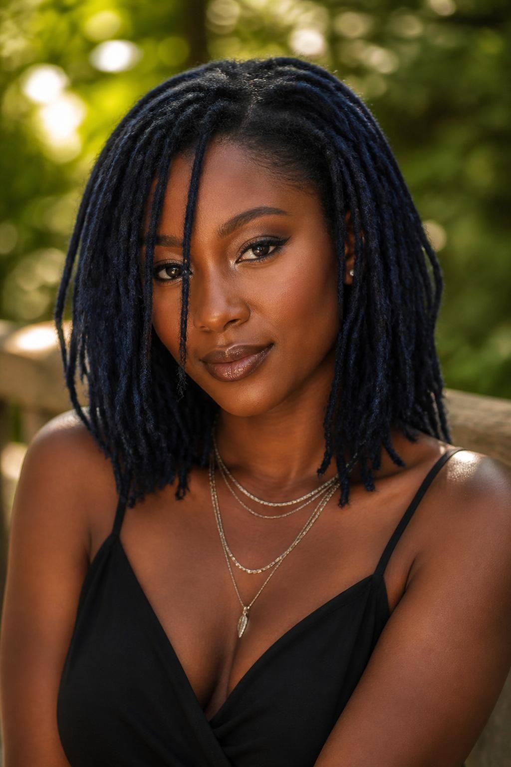 Image Prompt: A stunning woman with shoulder-length midnight blue locs, neatly maintained loc texture, rich blue-black color with navy shine, a few locs framing the face, deep brown skin, natural glowing makeup, layered silver necklaces, black dress, outdoor natural setting with softly blurred greenery, warm sunlight, realistic lifestyle editorial portrait, detailed loc texture and dark blue color, no text, (no watermarks on images)