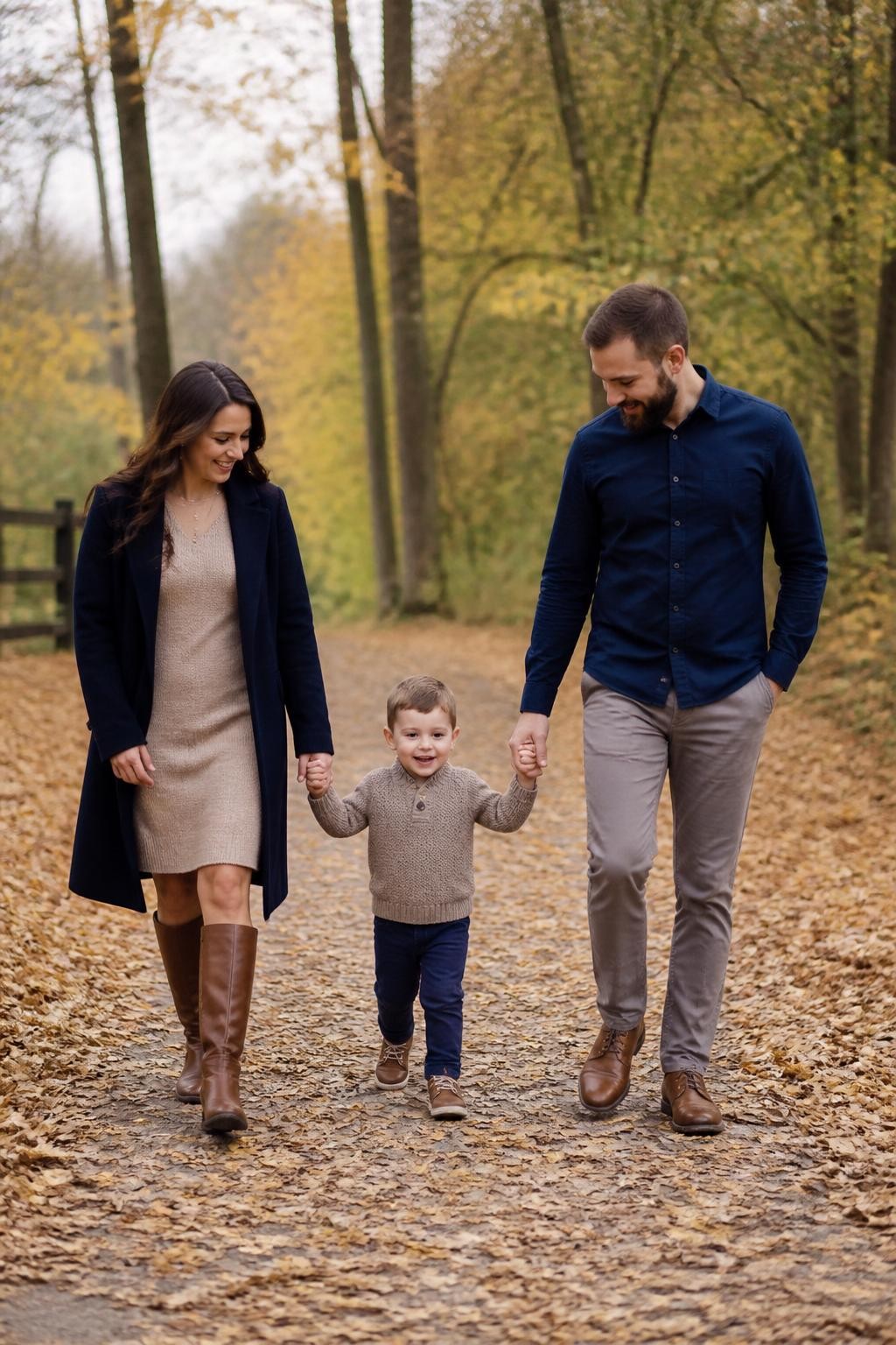 Realistic DSLR fall family photo of a family of three walking through a quiet park path, mom wearing a taupe sweater dress with a navy long coat and brown boots, dad wearing a navy button-up shirt with gray chinos and brown boots, little boy wearing a taupe knit sweater with navy pants and brown sneakers, golden leaves on the ground, soft cloudy light, candid walking family portrait.