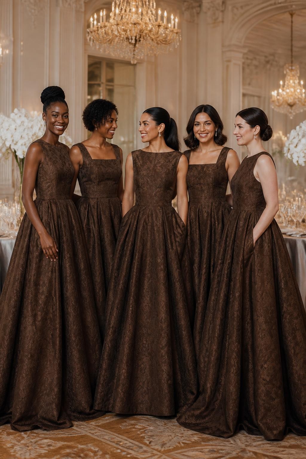 Realistic formal ballroom wedding portrait of five bridesmaids wearing walnut brown jacquard ball gowns with subtle woven botanical patterns, structured bateau and square necklines, defined waists, and full floor-length skirts, women with deep cool brown, rich warm brown, caramel, olive, and porcelain complexions, different ages, heights, and shapes, bright poised faces with natural makeup, hairstyles including a high braided bun, short sculpted curls, glossy ponytail, shoulder-length waves, and a classic chignon, standing inside an elegant ballroom with ivory walls, antique chandeliers, candlelit tables, and white orchid arrangements, directional light revealing the woven pattern without excessive shine, realistic fabric weight and deep natural skirt folds, luxurious DSLR editorial photography.