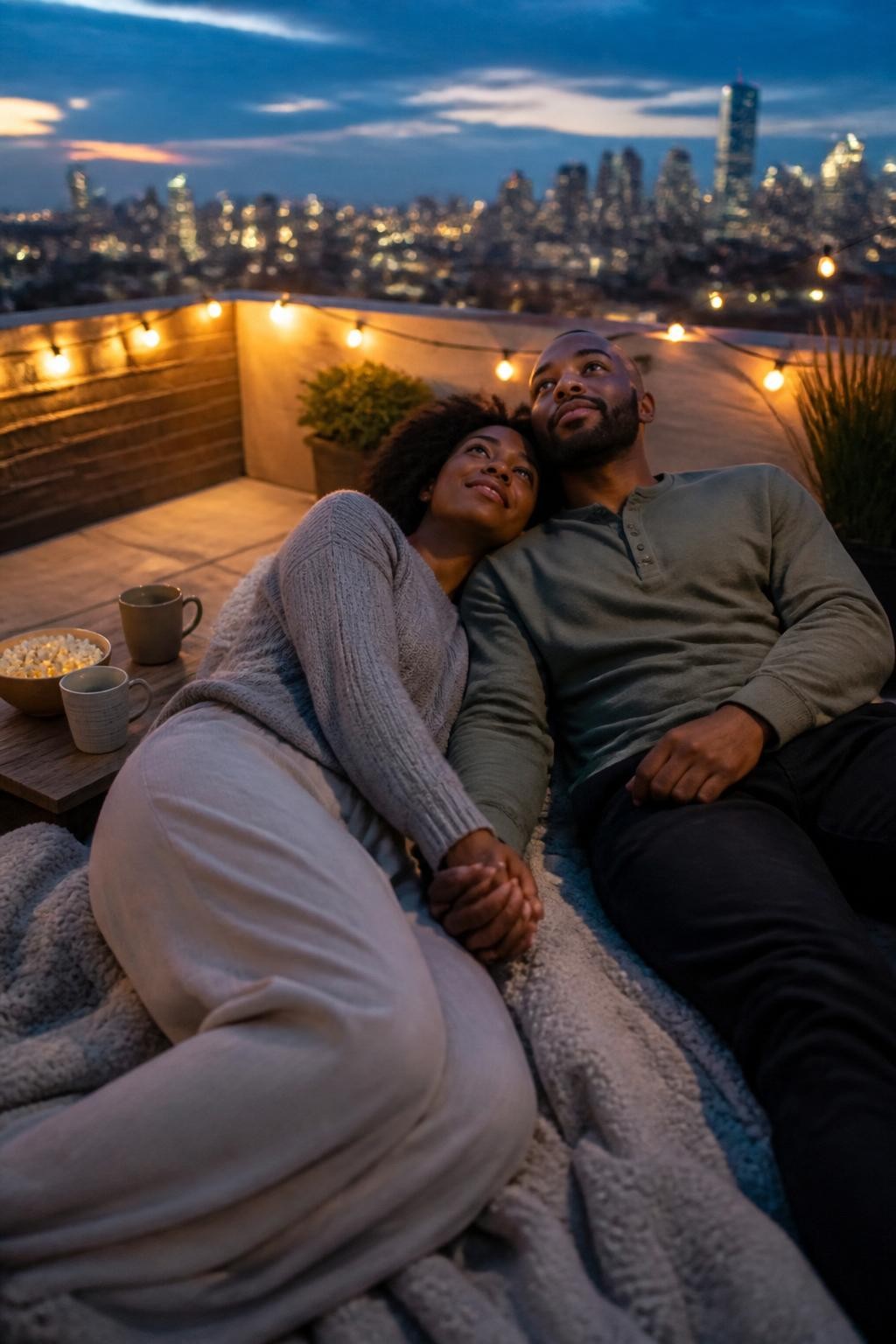 Image prompt: A romantic evening DSLR photo of an adult couple lying side by side on a thick blanket on a safe rooftop terrace, featuring a Black woman with deep brown skin wearing a soft gray sweater and wide-leg pants, her head resting near her partner’s shoulder, both looking up at the sky, their hands linked between them, string lights glowing around the terrace, low table with mugs and a small bowl of popcorn, city lights blurred in the distance, soft blue-hour sky, realistic blanket folds, natural skin texture, peaceful modern couple photography, cozy and tasteful.