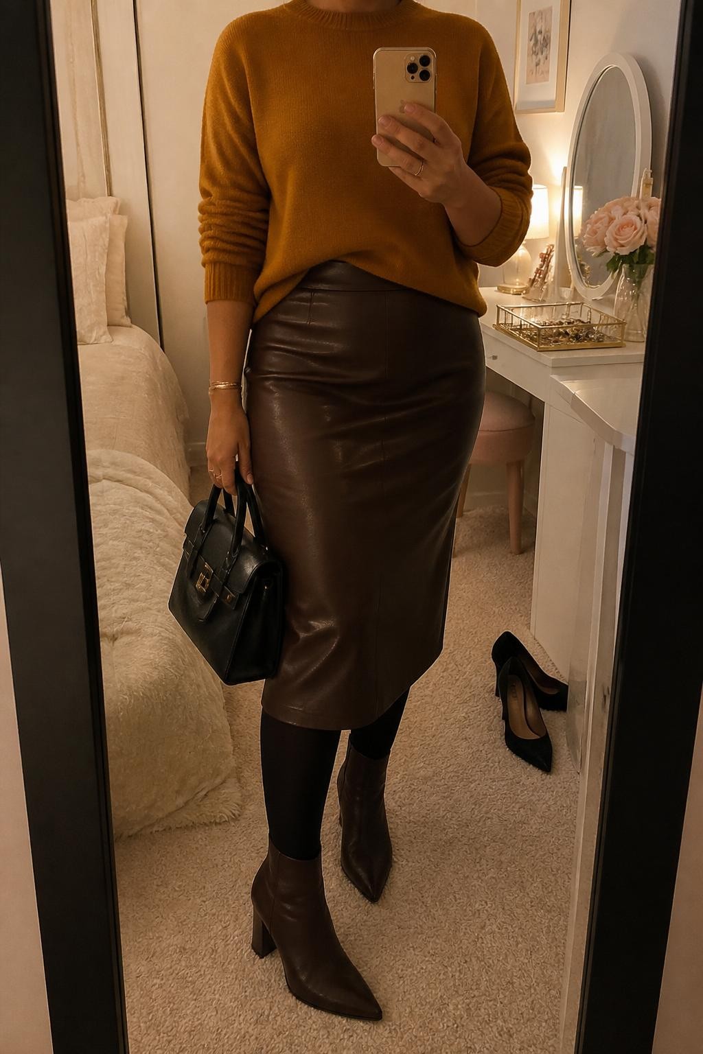 Mirror selfie of a curvy woman wearing a mustard crewneck sweater, brown faux leather midi skirt, black opaque tights, brown heeled ankle boots, and a black structured handbag, holding a phone in front of a mirror, cropped at NECK so the face does not show, relaxed casual selfie pose, in a feminine-themed bedroom, warm moody lighting, with a jewelry tray on the vanity and a pair of heels on the floor nearby, latest iPhone photo quality.