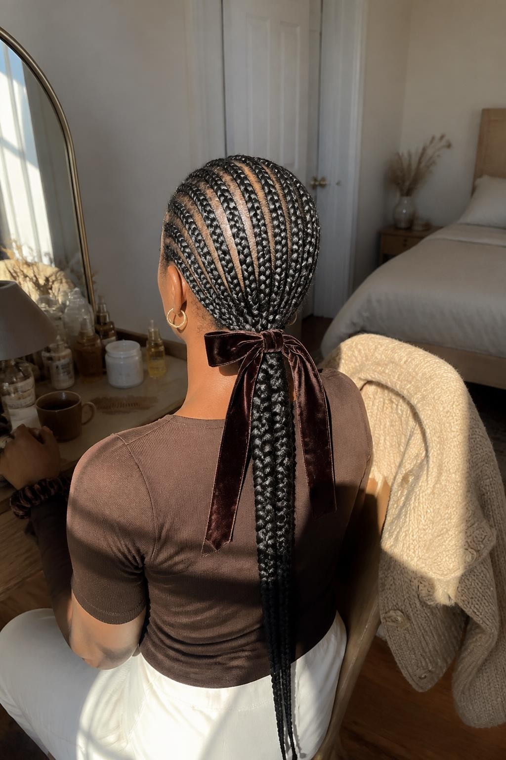 Image prompt: Photo of a Black woman wearing neat feed-in cornrows gathered into one long braided low ponytail tied with a chocolate velvet ribbon, back-of-head view to highlight the braid pattern, sun-drenched bedroom with a knit coat resting on a chair, natural window light, containing a rat-tail comb on the vanity and a silk scrunchie around her wrist, realistic fall getting-ready moment, latest iPhone photo quality.