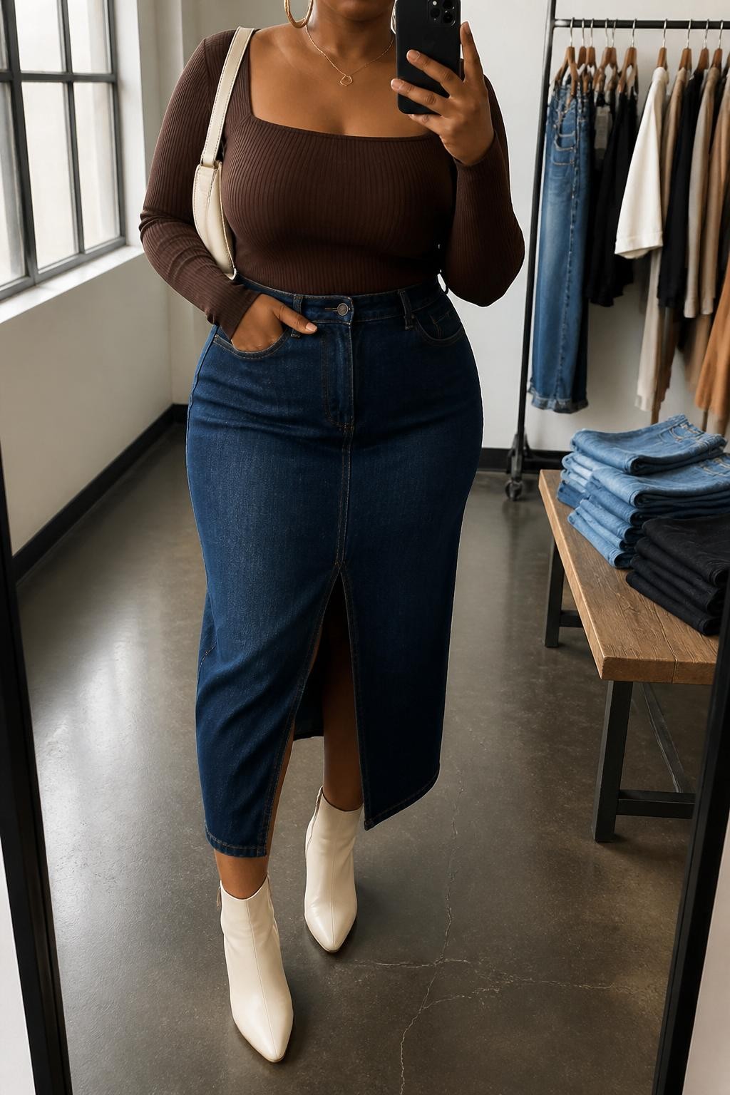 Mirror selfie of a curvy Black woman wearing a chocolate brown fitted knit top, dark denim midi skirt with front slit, cream ankle boots, gold hoop earrings, and a cream shoulder bag, holding a phone in front of a mirror, cropped at NECK so the face does not show, relaxed casual selfie pose, in a fashion studio mirror corner, natural window light, with folded denim jeans on a bench and a clothing rack with garments behind, latest iPhone photo quality.