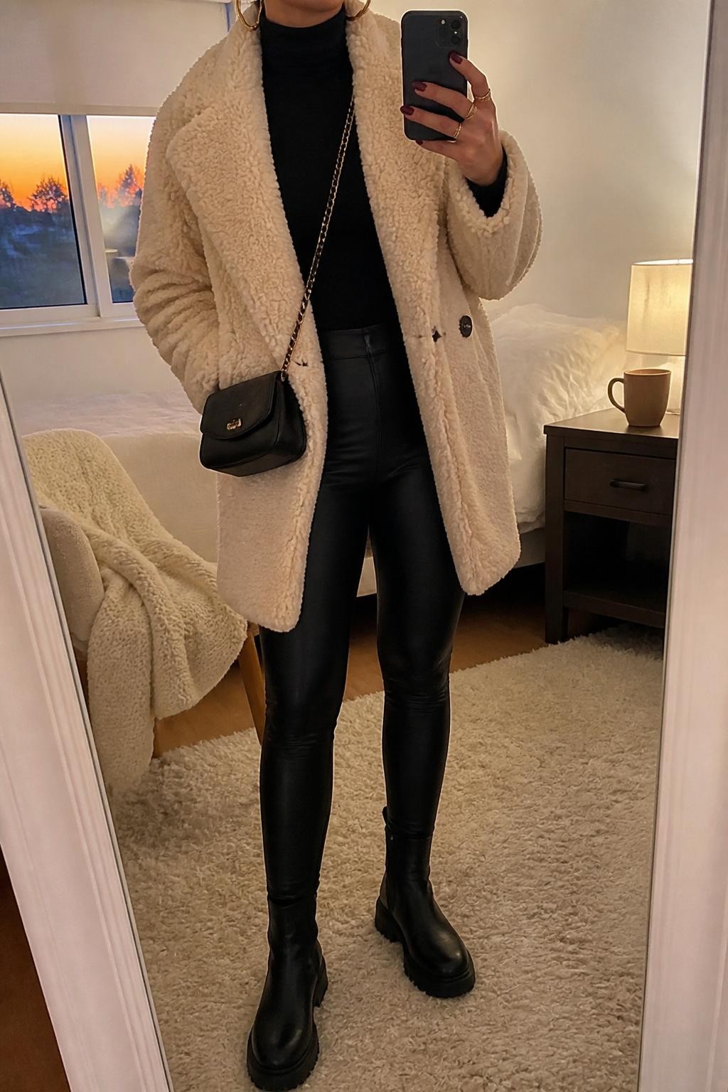 mirror selfie of a woman wearing the exact outfit described above, clearly showing a cream teddy coat layered over a black fitted turtleneck, black leather leggings, black chunky ankle boots, a black mini crossbody bag, and gold hoop earrings, holding a phone in front of a mirror, cropped at NECK so the face does not show, with a relaxed casual selfie pose, in a cozy bedroom mirror setup, evening golden hour, with a folded blanket on a chair and a coffee mug on a bedside table, latest iPhone photo quality.