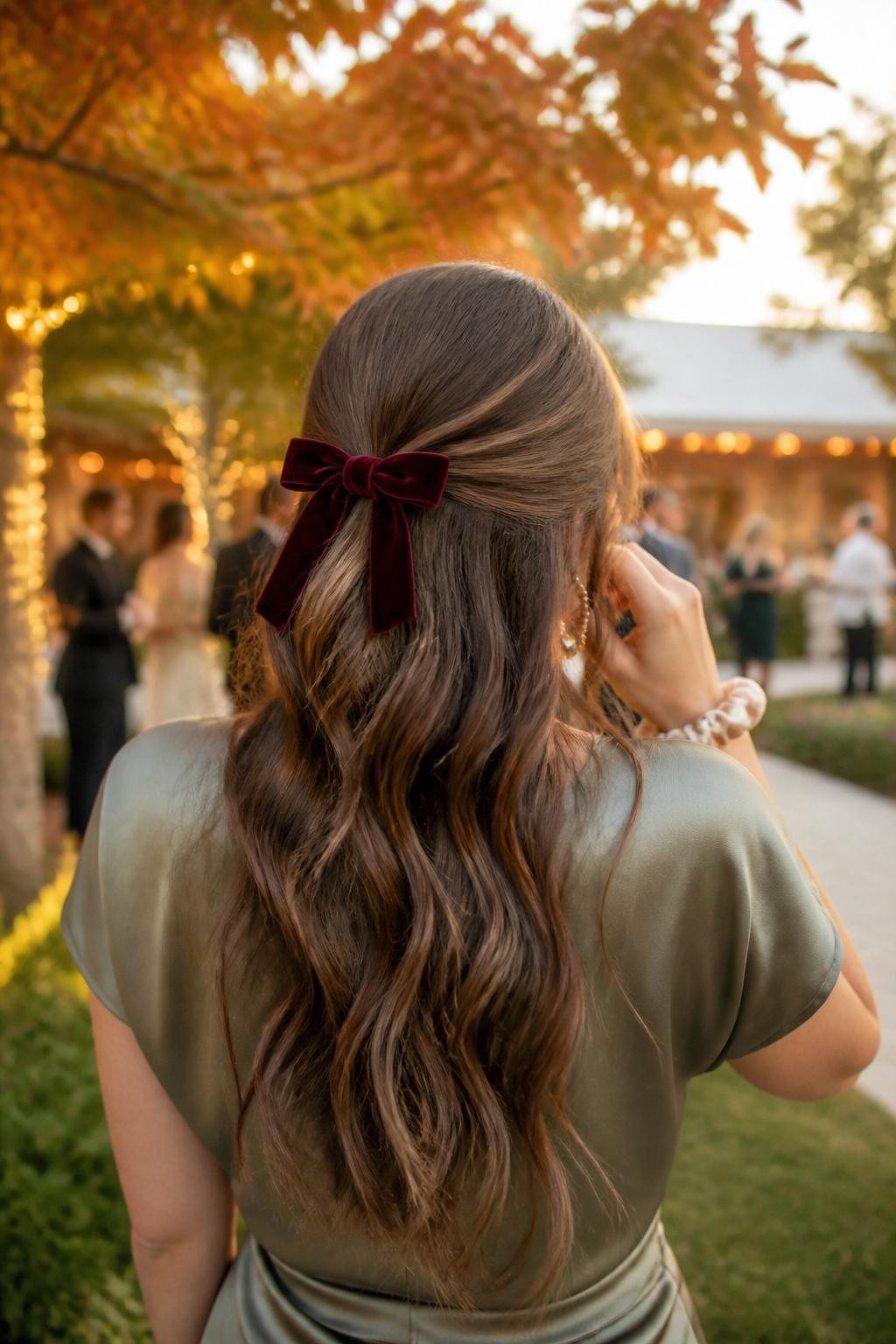 Image prompt: Photo of a woman wearing long soft half-up waves secured with a deep burgundy velvet bow, back-of-head view to highlight the accessory, softly blurred outdoor wedding garden with orange and brown leaves, golden hour glow, containing statement earrings peeking through and a silk scrunchie around her wrist, realistic fall wedding guest photo, latest iPhone photo quality.
