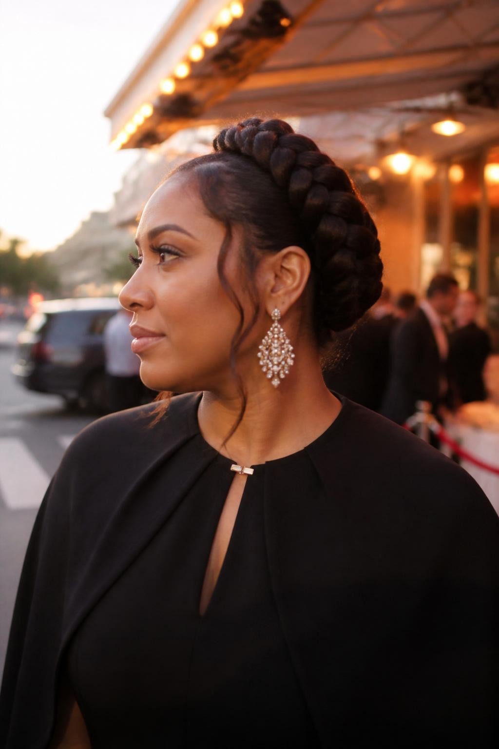 Image prompt: Photo of a Black woman wearing a full halo braid with two soft curled tendrils beside her temples, side profile view, softly blurred city street background outside an evening restaurant, golden hour glow, containing crystal statement earrings peeking below the braid and a small hair clip attached to her dress collar, realistic candid event photo, latest iPhone photo quality.