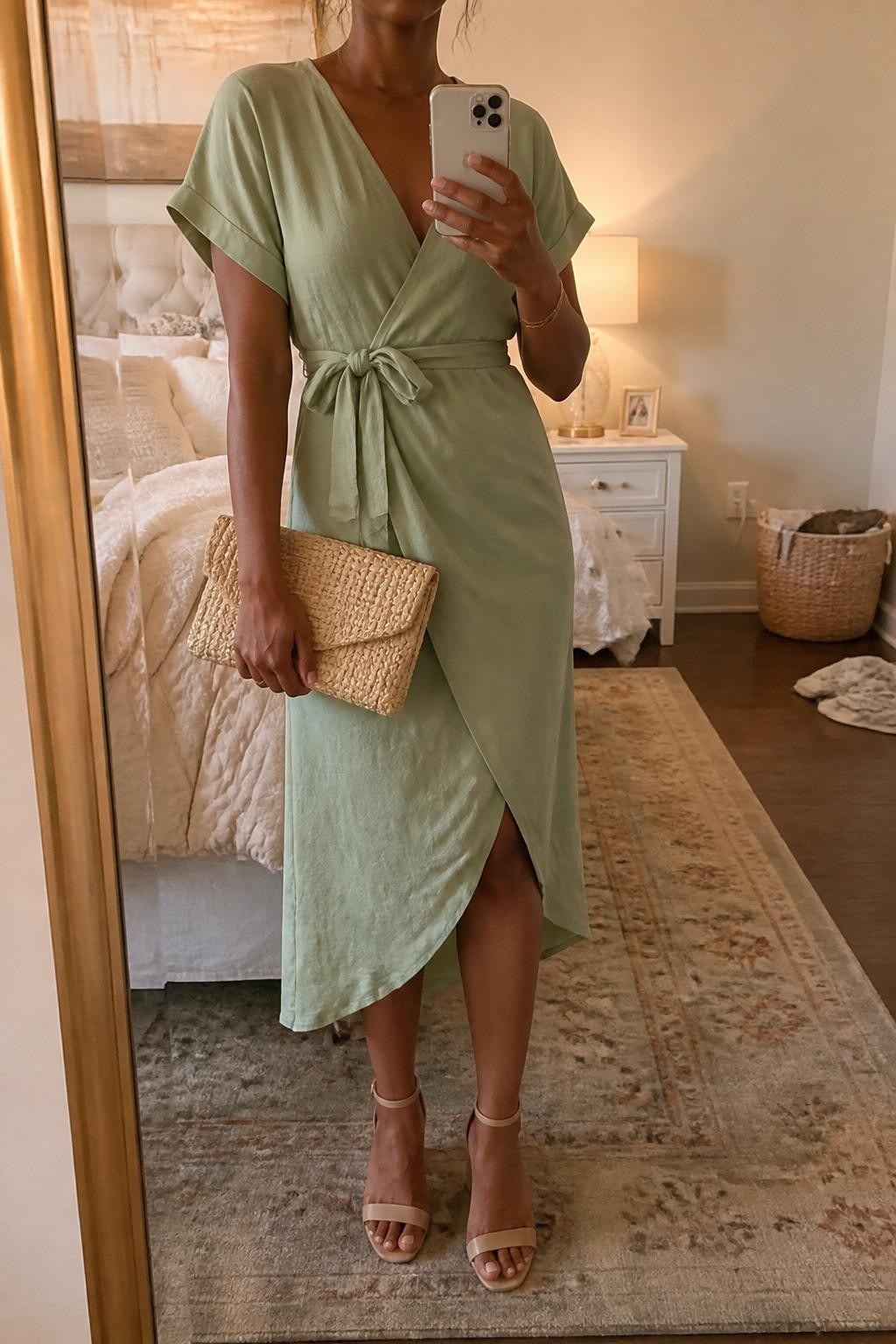 Image prompt mirror selfie of a black woman wearing a soft sage green linen wrap midi dress with nude block-heel sandals, a natural straw woven clutch, small gold hoop earrings, and hair in a low bun with soft pieces out, holding a phone in front of a mirror, cropped at NECK so face doesn't show, with a natural casual selfie pose, in a feminine-themed bedroom, evening golden hour, including small lived-in details, latest iPhone photo quality.