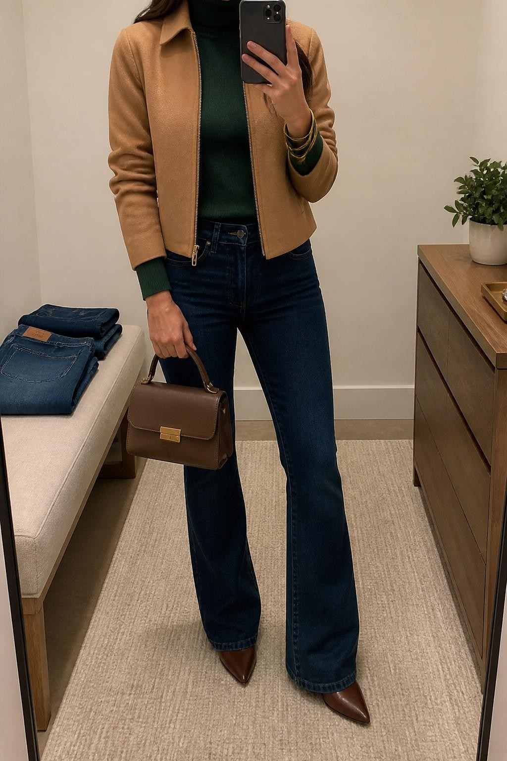 mirror selfie of a woman wearing the exact outfit described above, clearly showing dark blue flare jeans, a forest green fitted turtleneck sweater, a camel cropped jacket, brown pointed boots, a brown top-handle bag, and gold bangles, holding a phone in front of a mirror, cropped at NECK so the face does not show, with a relaxed casual selfie pose, in a minimal dressing room, soft indoor lighting, with folded denim jeans on a bench and a small plant on a dresser, latest iPhone photo quality.