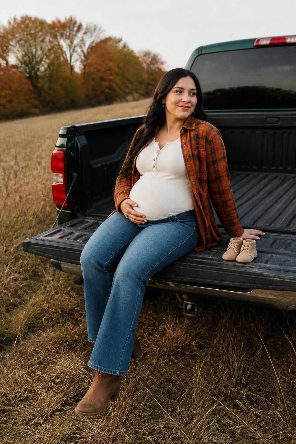 Image Prompt: A pregnant Latina woman sitting safely on the open tailgate of a dark green pickup truck parked beside a quiet fall field, wearing straight-leg maternity jeans, a cream henley top, an oversized burnt-orange flannel shirt, and brown ankle boots, a small pair of neutral baby boots resting beside her on the tailgate, one hand placed above her bump and the other resting comfortably behind her for support, dry grass and distant orange trees in the background, late-afternoon natural light, photographed with a DSLR 50mm lens at tailgate height, realistic vehicle details, slightly dusty bumper, natural clothing wrinkles, genuine soft expression, no country costume, no decorative hay bales, no staged farm equipment.