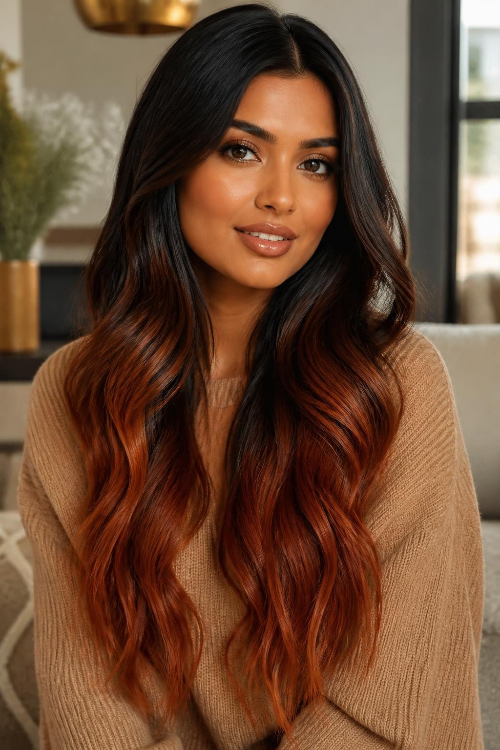 Image Prompt: A beautiful woman with long dark brown hair fading into red copper ends, glossy dark roots and mid-lengths blending into warm copper-red tips, soft loose waves, warm brown skin, bronzed makeup, glossy lips, camel sweater, cozy indoor background, soft natural window light, realistic beauty editorial photo, smooth color transition, no text, (no watermarks on images)