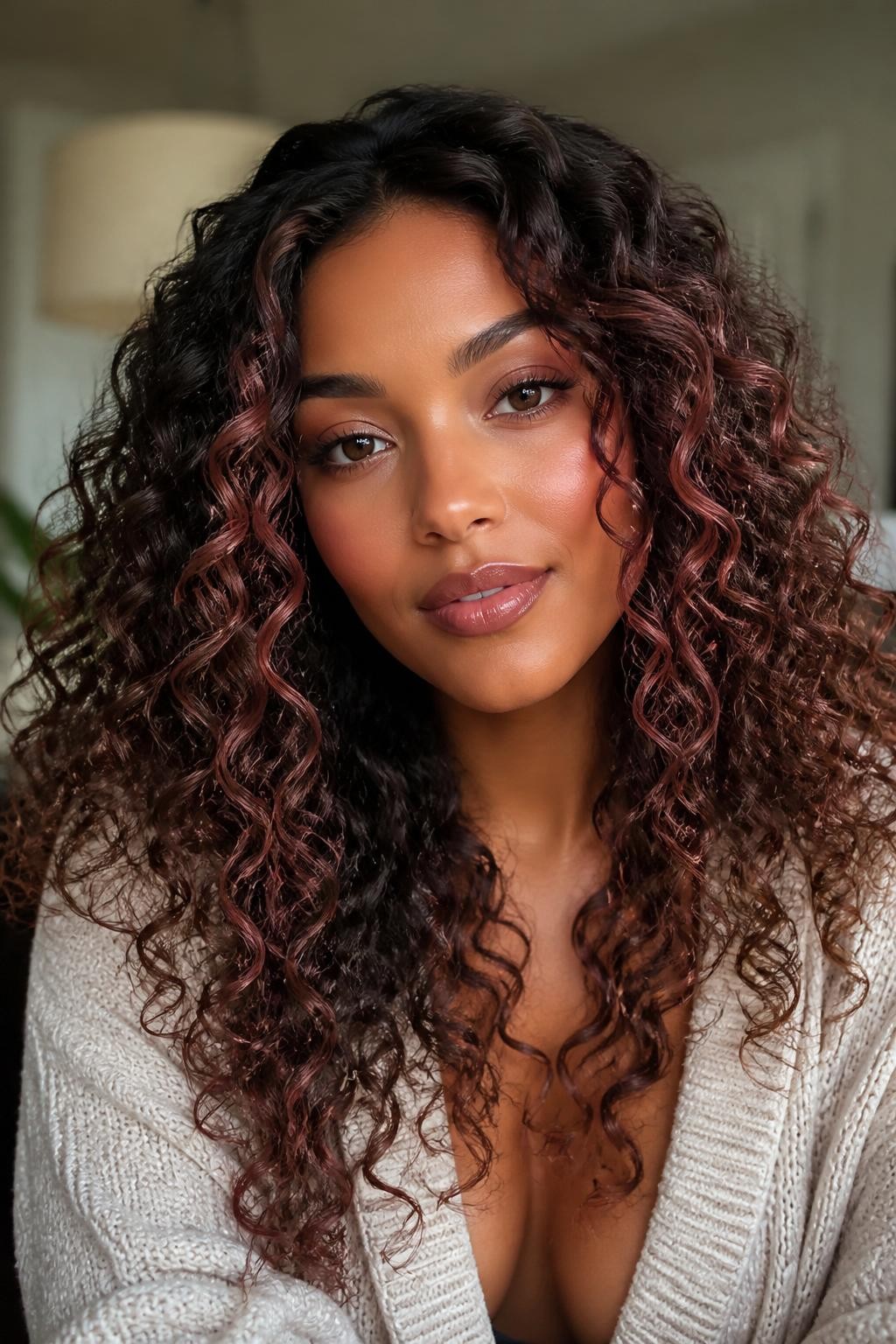Image Prompt: A beautiful woman with dark brown curly hair and rose brown highlights, rich brunette base with soft rosy-brown pieces placed around the face and through the lower layers, defined curls with healthy shine, warm brown skin, soft rosy makeup, glossy lips, cream cardigan, soft indoor background with diffused daylight, realistic beauty editorial portrait, close-up detailed curl texture and rosy highlight contrast, no text, (no watermarks on images)