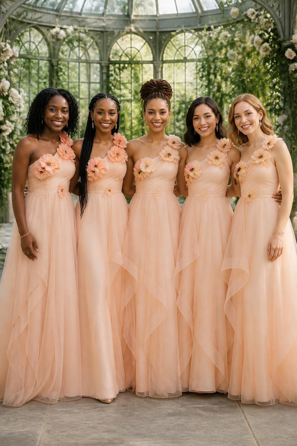 Realistic greenhouse wedding portrait of five bridesmaids wearing pale peach organza gowns with handmade three-dimensional poppy flowers arranged asymmetrically across one shoulder and lightly along the upper bodice, fitted opaque linings, softly defined waists, and airy layered floor-length skirts, women with deep mahogany, rich brown, medium golden, olive, and fair peach skin tones, naturally varied ages and body proportions, bright beautiful faces with individual smiles and realistic highlights, hairstyles including springy coils, long braids, twisted updo, polished bob, and loose waves, standing inside a glass botanical greenhouse filled with white roses, climbing greenery, ferns, and diffused daylight, translucent peach organza catching the light softly, petals casting tiny natural shadows, visible hand-finished edges, believable skirt layers, and gentle movement.