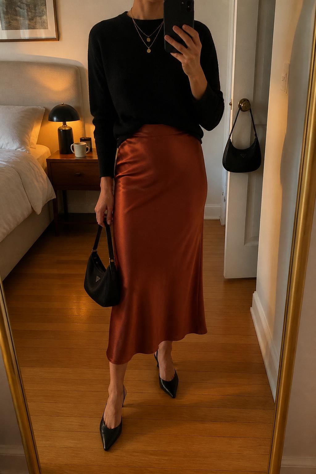 mirror selfie of a woman wearing the exact outfit described above, clearly showing a black cashmere sweater tucked into a rust satin slip skirt, black slingback heels, a black mini handbag, and delicate gold layered necklaces, holding a phone in front of a mirror, cropped at NECK so the face does not show, with a relaxed casual selfie pose, in a cozy bedroom mirror setup, evening golden hour, with a handbag hanging on a door handle and a coffee mug on a bedside table, latest iPhone photo quality.