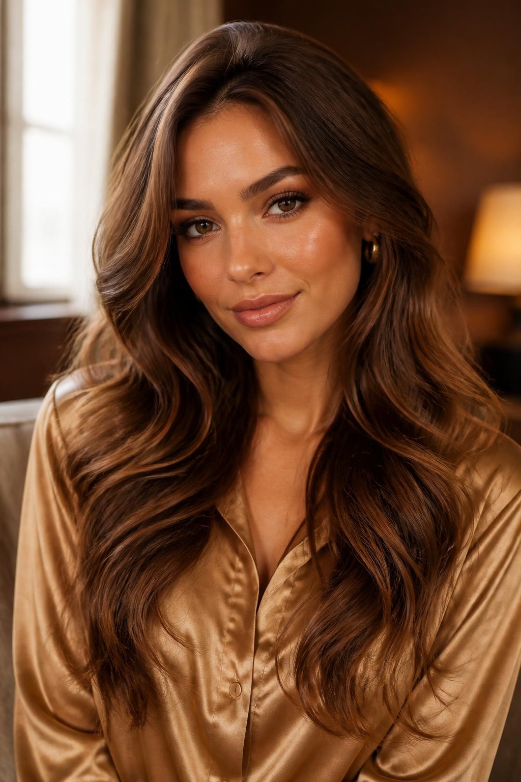Image Prompt: A beautiful woman with long maple brown hair, warm medium brown shade with soft amber and caramel, loose polished waves, soft bronzed makeup, glossy lips, small gold earrings, camel satin blouse, warm indoor background, soft window light, realistic DSLR beauty editorial portrait, detailed maple brown shine and color depth, no text, (no watermarks on images)