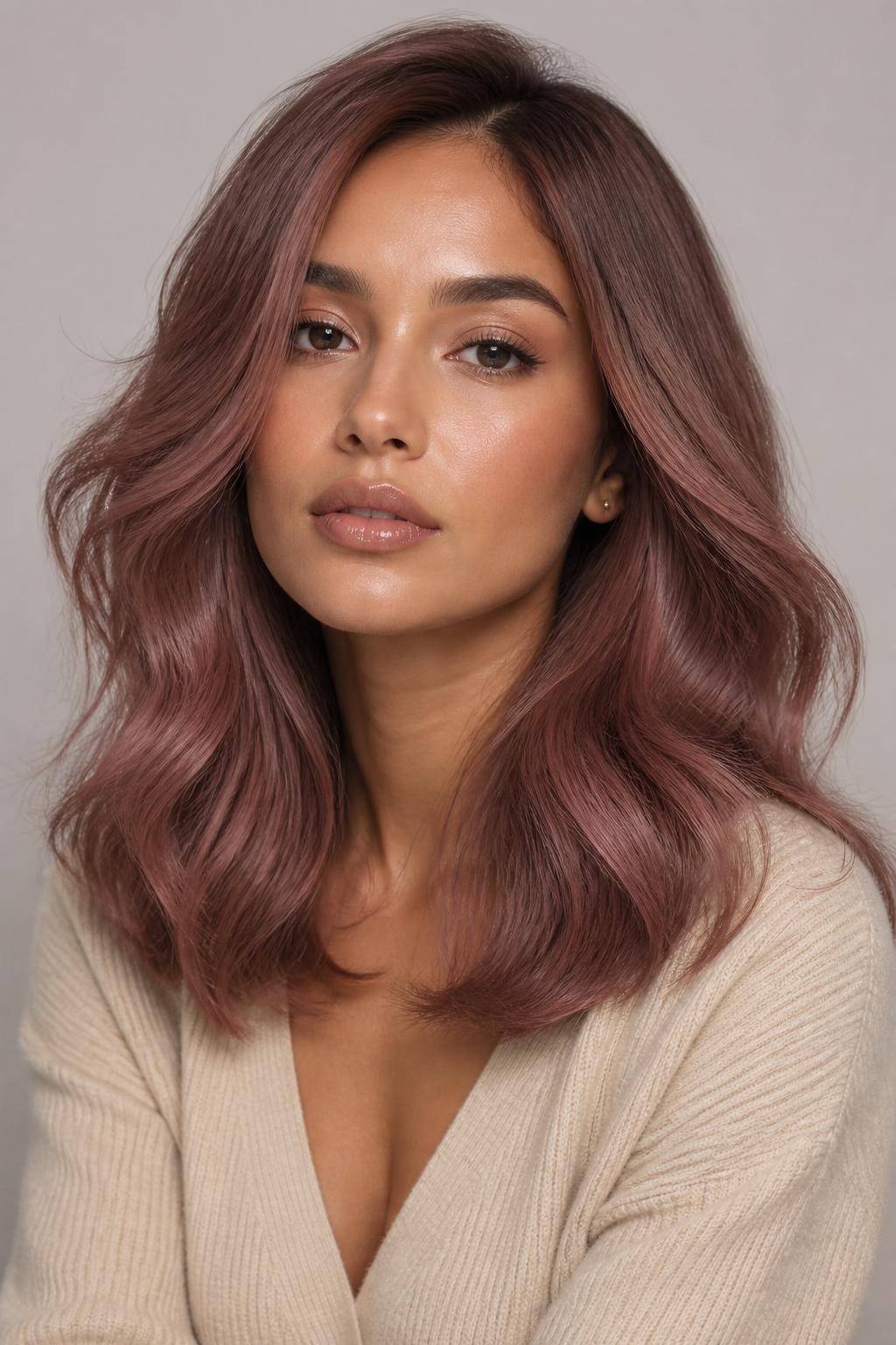 Image Prompt: A pretty woman with medium-length dusty rose brown hair, muted brown base with soft dusty pink and mauve undertones, smooth blowout waves, neutral medium skin tone, soft matte makeup, glossy nude lips, small gold studs, beige knit top, clean studio background, soft balanced lighting, realistic DSLR beauty editorial portrait, detailed muted rose brown color and smooth hair texture, no text, (no watermarks on images)
