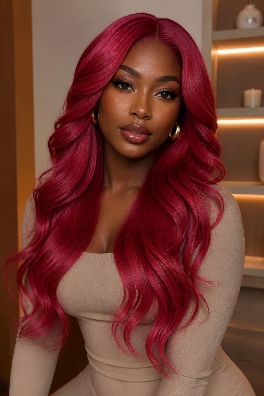 Image Prompt: A beautiful woman wearing a long raspberry wig, layered loose waves, rich berry-pink red hair color with glossy shine, natural-looking hairline, deep brown skin, smooth soft glam makeup, gold earrings, fitted beige top, luxury beauty studio setting, soft warm lighting, realistic editorial portrait, detailed wave texture and raspberry color depth, no text, (no watermarks on images)