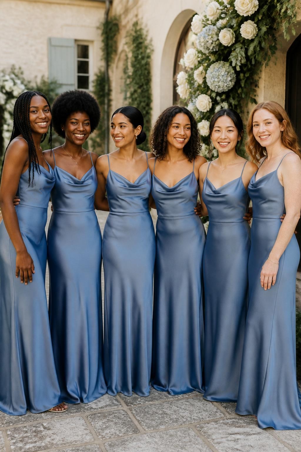 Realistic full-frame DSLR wedding photograph of six bridesmaids wearing floor-length dusty blue satin gowns with softly draped cowl necklines, narrow adjustable straps, fitted waists, and fluid bias-cut skirts, women with deep ebony, rich warm brown, caramel, olive, East Asian light beige, and fair freckled skin tones, varied heights, ages, and body shapes, bright beautiful faces with distinct features, realistic skin texture, natural smiles, soft makeup suited to each complexion, hairstyles including long knotless braids, a rounded afro, sleek low bun, shoulder-length curls, and loose waves, standing in a sunlit estate courtyard with cream stone walls, white roses, pale blue hydrangeas, and soft greenery, late-afternoon light creating believable satin highlights and natural fabric folds, relaxed editorial wedding photography.