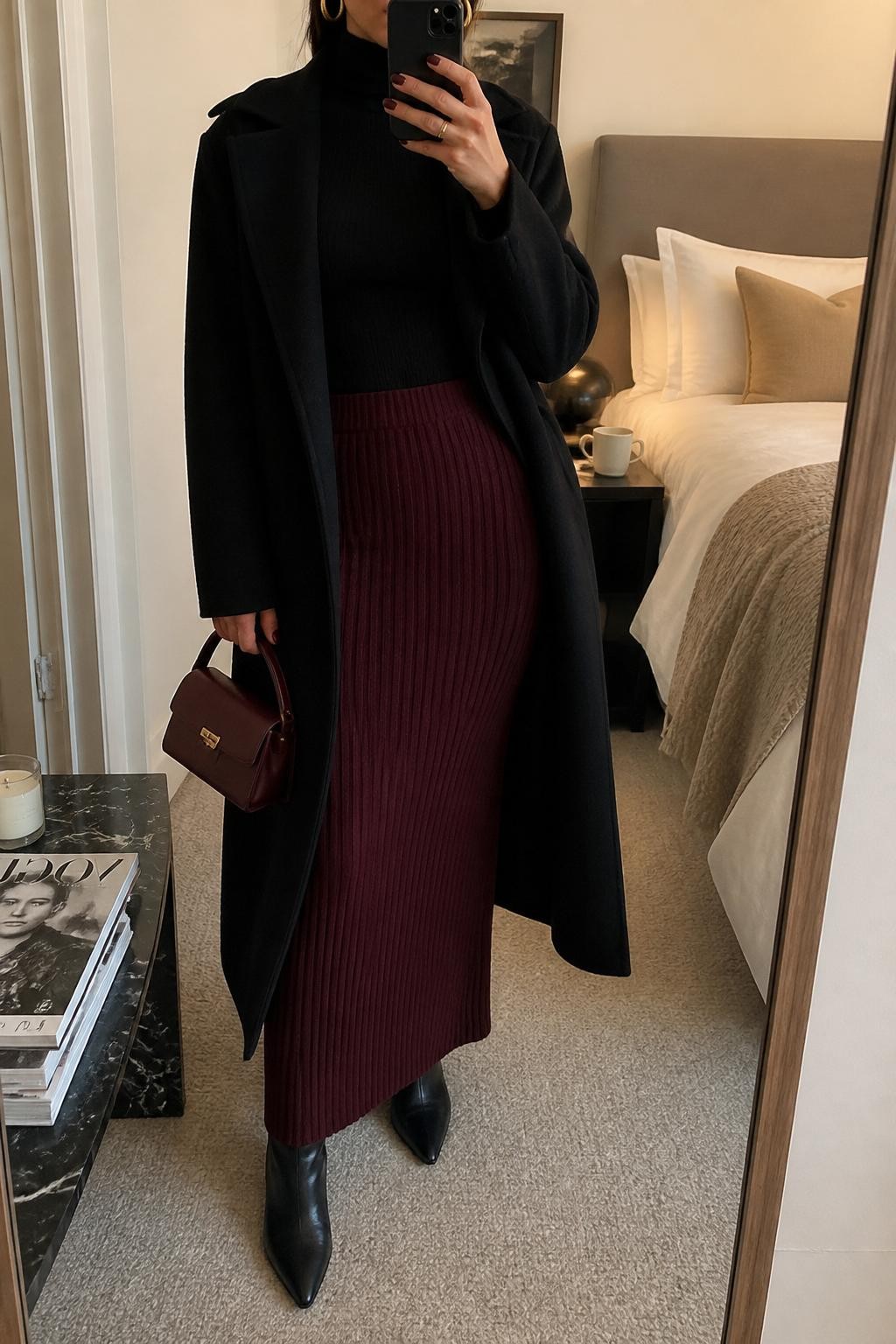 mirror selfie of a woman wearing the exact outfit described above, clearly showing a burgundy ribbed knit maxi skirt, fitted black turtleneck, black pointed ankle boots, black long wool coat, burgundy mini handbag, and gold hoop earrings, holding a phone in front of a mirror, cropped at NECK so the face does not show, with a relaxed casual selfie pose, in a cozy bedroom mirror setup, soft indoor lighting, with coffee mug on a bedside table and stack of fashion magazines on a side table, latest iPhone photo quality.