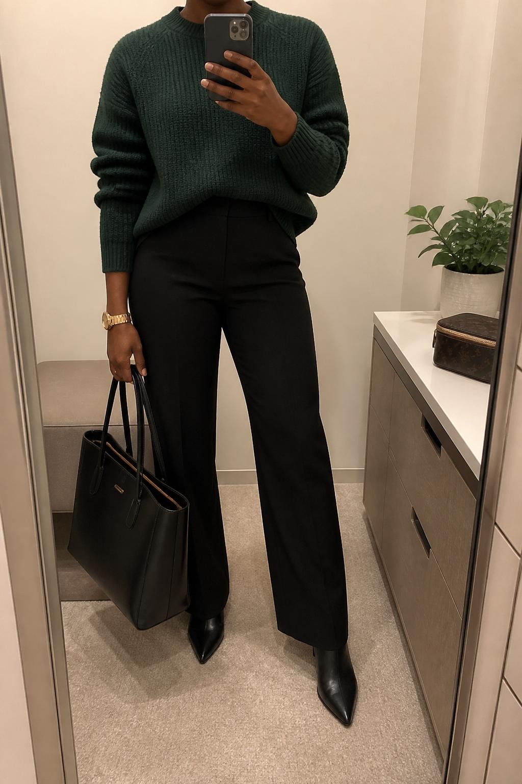 Mirror selfie of a Black woman wearing a forest green chunky sweater, black wool straight-leg trousers, black pointed ankle boots, gold watch, and a structured black work tote, holding a phone in front of a mirror, cropped at NECK so the face does not show, relaxed casual selfie pose, in a minimal dressing room, warm indoor lighting, with a small plant on a dresser and a cosmetic bag on the counter, latest iPhone photo quality.