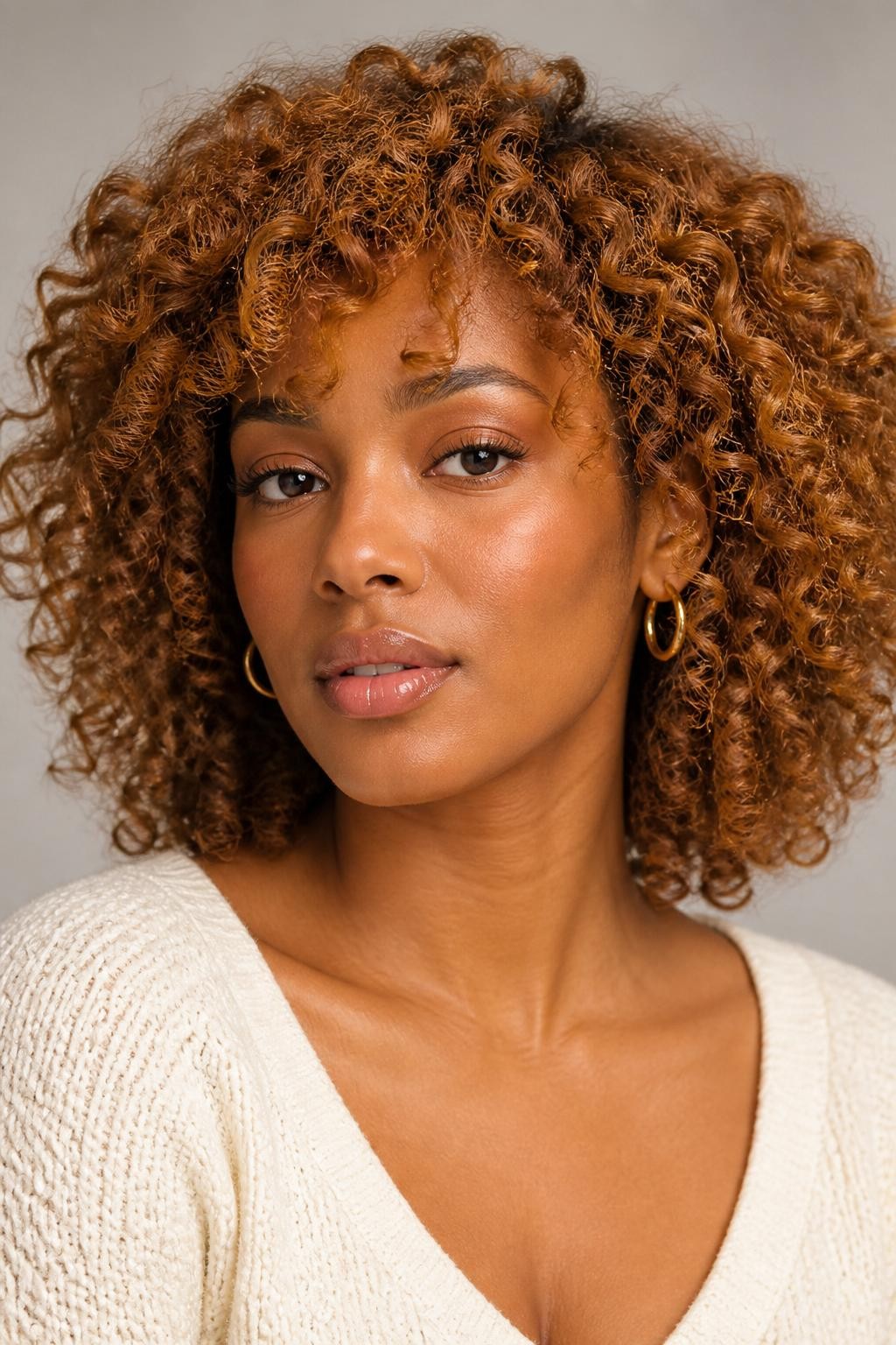 Image Prompt: A beautiful woman with shoulder-length natural curls dyed light golden brown, warm golden-brown hair color with soft shine, defined spiral curls with healthy volume, warm medium-brown skin, soft natural makeup, glossy nude lips, small gold hoop earrings, cream knit top, clean neutral studio background, soft diffused lighting, close-up beauty editorial portrait, realistic DSLR photo, crisp curl texture, detailed warm golden brown color, no text, (no watermarks on images)