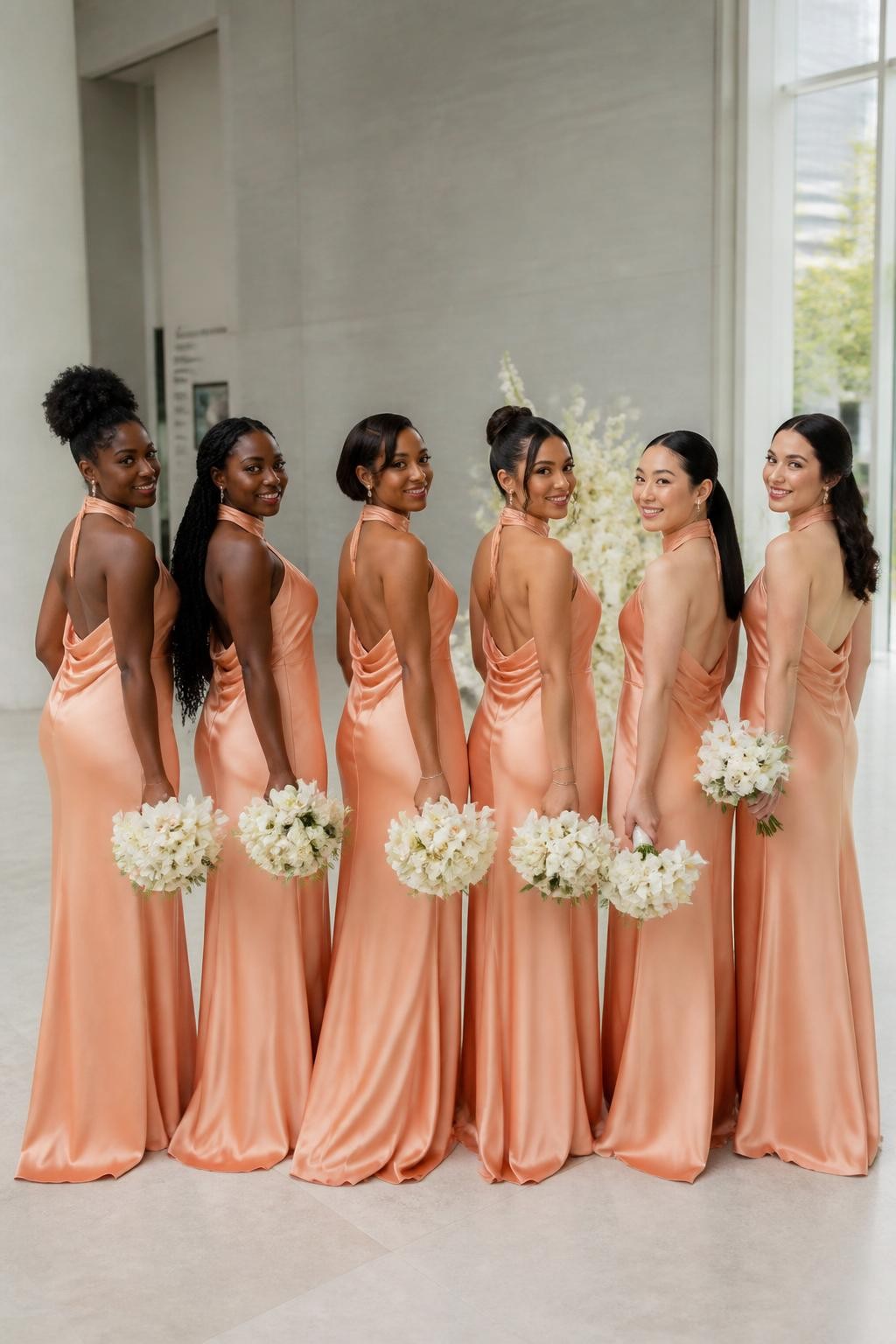 Realistic contemporary wedding photograph of six bridesmaids wearing warm peach matte-satin gowns with gathered halter necklines, fitted elongated bodices, open backs finished with soft cowl draping, and fluid floor-length skirts, women with deep blue-black, dark warm brown, copper, golden olive, East Asian fair, and pale rosy complexions, varied shoulder widths, torso lengths, ages, and body shapes represented naturally, bright confident faces with distinct features and subtle makeup, hairstyles including a high curly puff, long twists, polished side-part bob, sculptural bun, sleek ponytail, and brushed waves, standing inside a modern art museum with pale concrete walls, limestone floors, tall windows, and minimal ivory floral arrangements, directional daylight revealing the peach undertone, realistic fabric folds, accurate proportions, and relaxed group spacing.