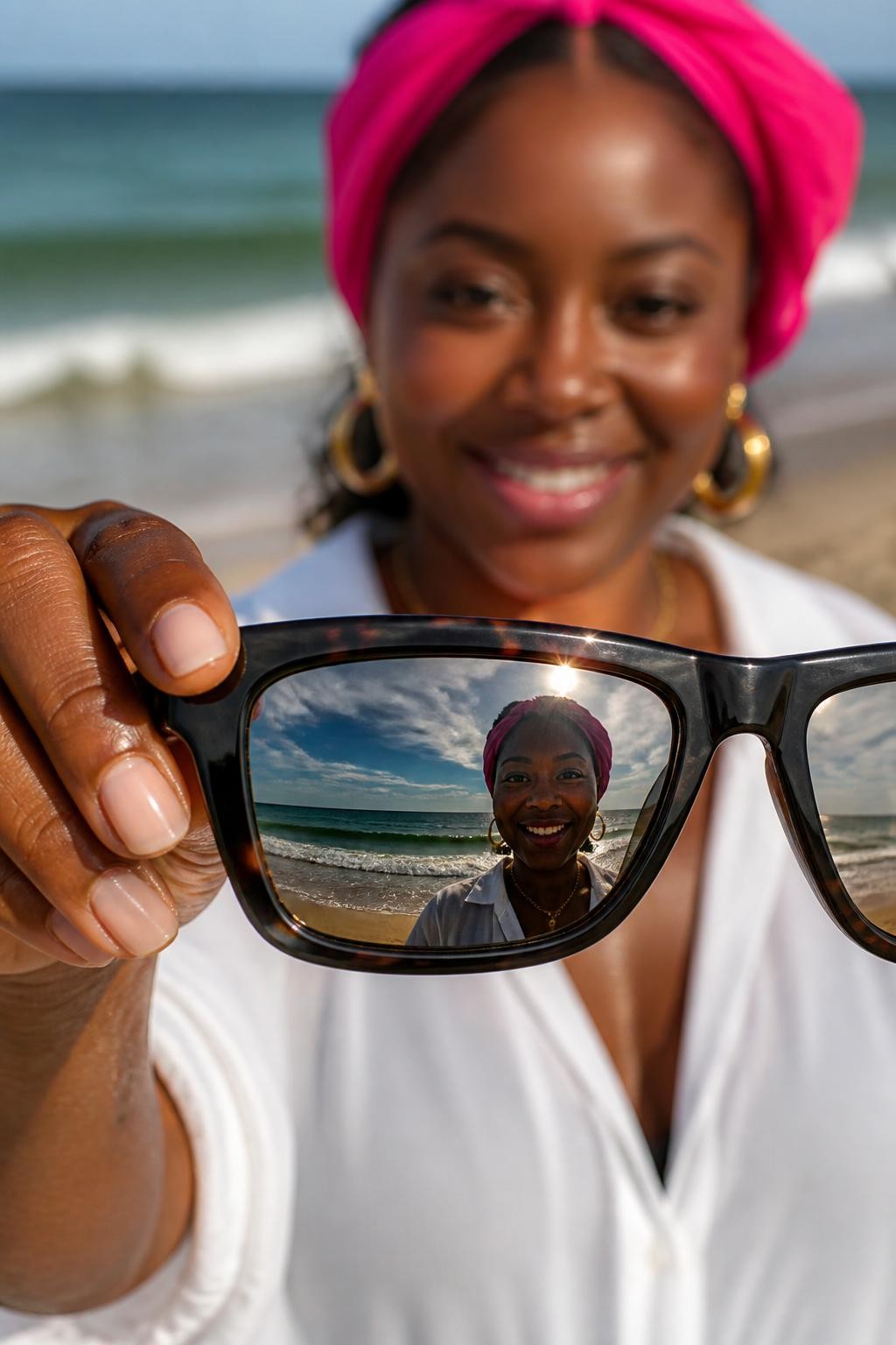 A modern beach portrait of an adult Black woman with dark skin holding oversized sunglasses close to the camera so the reflection shows the ocean, her smiling face softly blurred behind the glasses, wearing a bright pink headscarf and white beach shirt, gold hoops, glossy natural makeup, sandy shoreline behind her, small waves, sunlight shining on the sunglasses frame, realistic fingerprints on the lens edge, shallow depth of field, DSLR close-up, creative vacation photo with human detail, joyful beach mood.