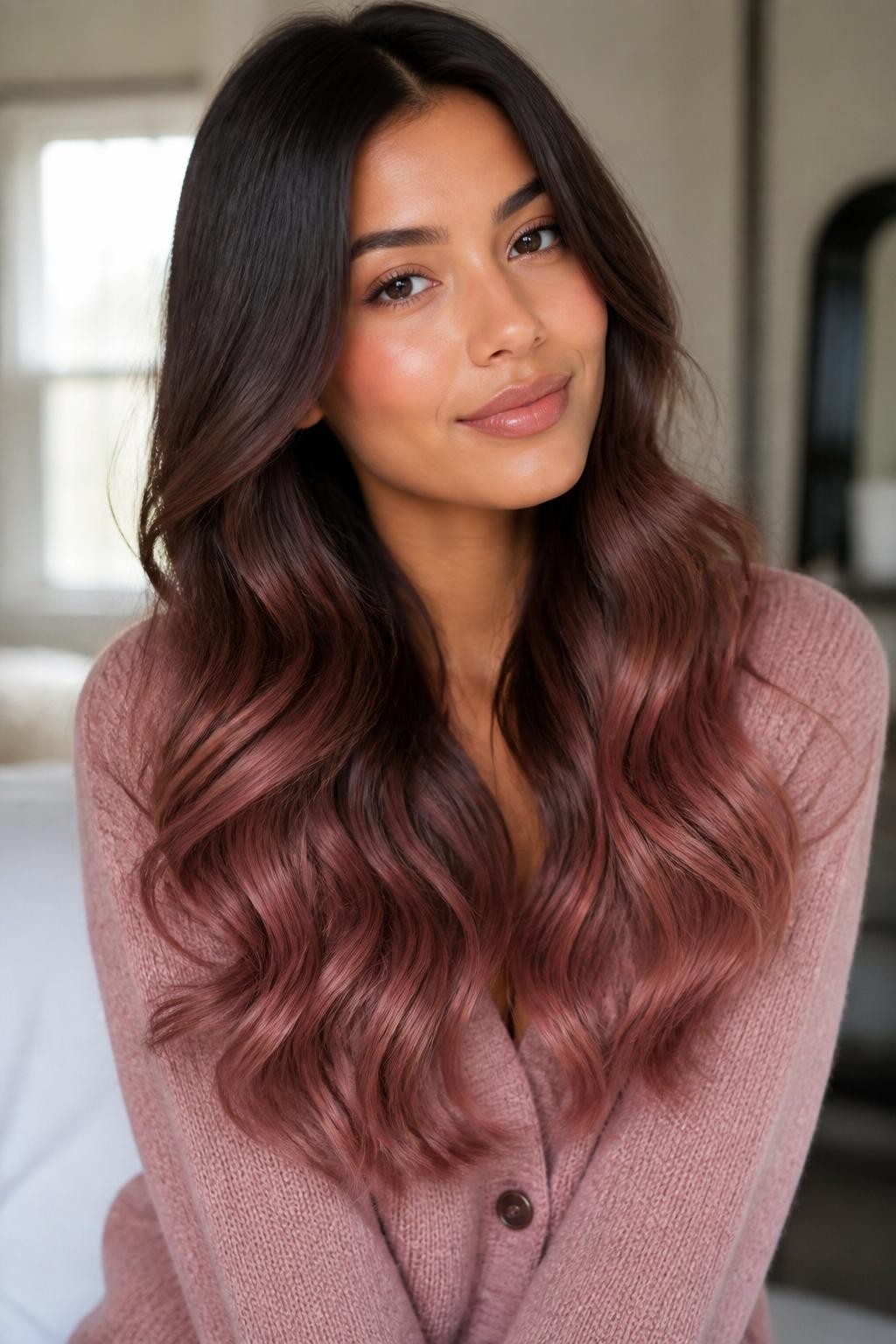 Image Prompt: A beautiful woman with long dark brown hair fading into rose brown ombre ends, glossy brunette roots and mid-lengths blending into muted rosy-brown tips, soft loose waves, warm medium skin tone, natural glam makeup, nude gloss, blush cardigan, cozy indoor background, soft natural window light, realistic beauty editorial photo, smooth brunette-to-rose-brown color transition, no text, (no watermarks on images)