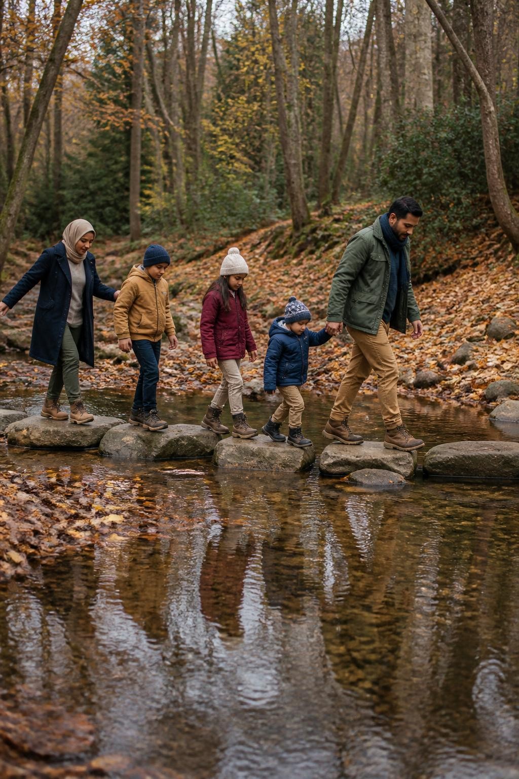 Image Prompt: A Middle Eastern family of five carefully crossing a shallow creek using wide natural stepping stones, one parent leading while holding the youngest child’s hand, the second parent walking behind the older children with one arm slightly extended for balance, outfits in forest green, camel, navy, cream, and deep red, practical boots, weather-resistant jackets, knit hats, and layered trousers, golden leaves gathered along the creek banks, clear shallow water with realistic reflections, soft cloudy daylight, photographed from the side with a DSLR 70mm lens and fast shutter speed, believable balance and body positions, authentic outdoor textures, no dangerous water depth, no dramatic jumping.