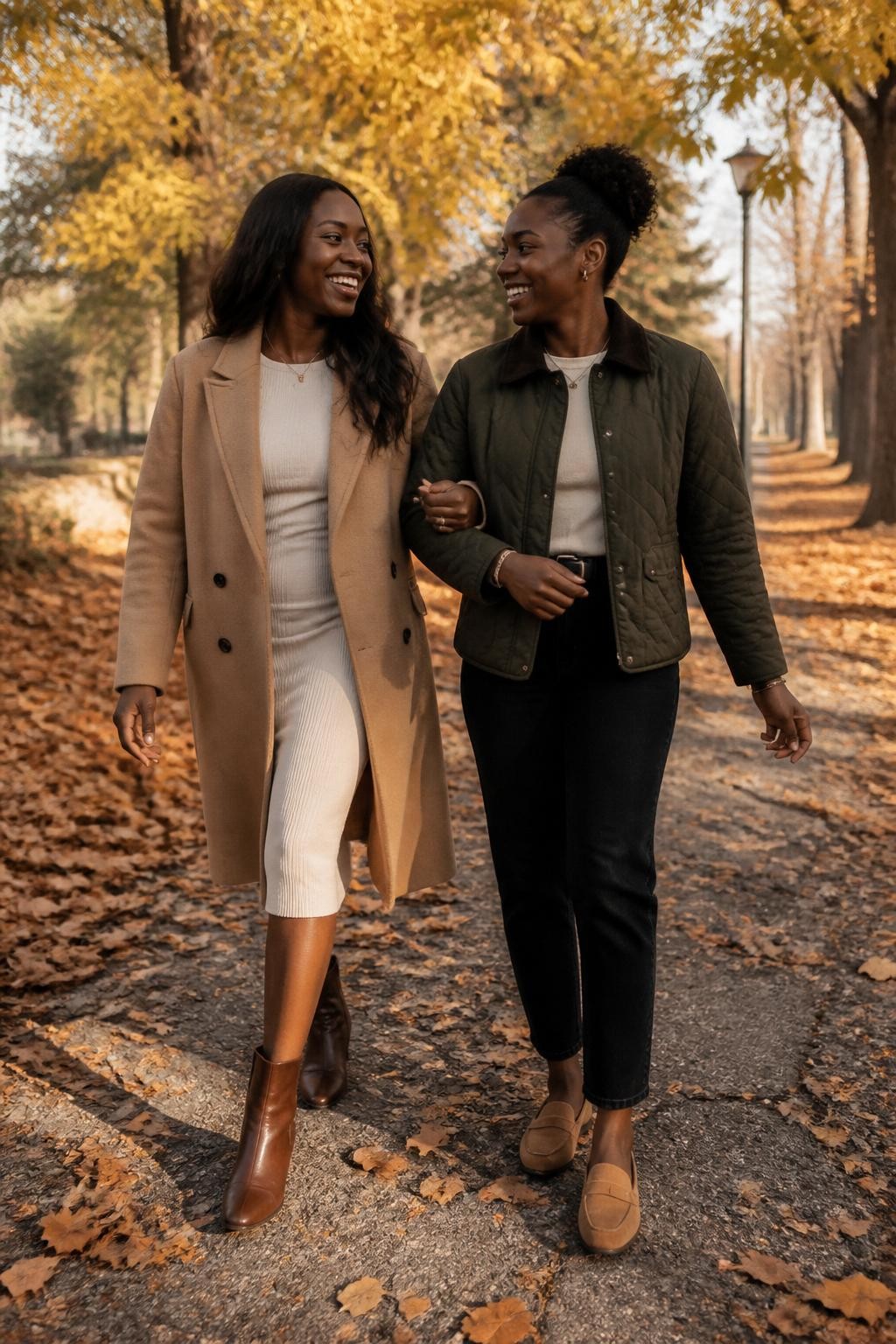 Image Prompt: Two stylish Black female best friends in their mid-twenties walking arm in arm toward the camera along a quiet park path lined with tall golden maple trees, one wearing a camel wool coat over a fitted cream knit dress with brown ankle boots, the other wearing a dark olive quilted jacket, straight-leg black jeans, and tan loafers, their outfits coordinated without matching, both turning toward each other and laughing during conversation, free arms moving naturally, scattered rust and yellow leaves across the uneven path, soft late-afternoon sunlight filtering through real branches, photographed at eye level with a full-frame DSLR and 50mm lens, detailed dark skin texture, realistic hairlines, natural clothing creases, gentle background blur, candid editorial friendship photography, no artificial leaf tunnel, no identical walking posture.