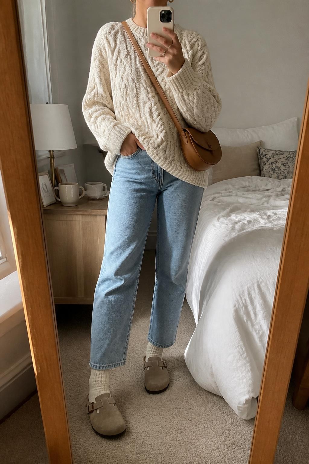 mirror selfie of a woman wearing the exact outfit described above, clearly showing taupe suede Birkenstock-style clogs with thick cream ribbed socks, light-wash straight-leg jeans, an oversized cream cable knit sweater, a tan leather crossbody bag, and small gold hoop earrings, holding a phone in front of a mirror, cropped at NECK so the face does not show, with a relaxed casual selfie pose, in a cozy bedroom mirror setup, natural window light, with a coffee mug on a bedside table and soft pillows on an unmade bed, latest iPhone photo quality.