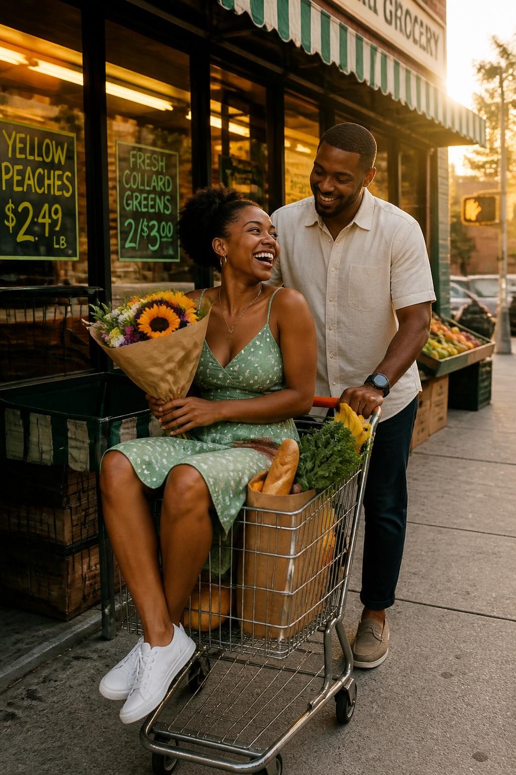 Image prompt: A playful DSLR photo of an adult couple outside a small neighborhood grocery store, featuring a Black woman with warm brown skin sitting safely on the front edge of a stationary grocery cart with her feet on the lower rack, wearing a green sundress and white sneakers, holding a bouquet of flowers, while her partner stands behind the cart handles smiling at her, paper grocery bags with baguette, fruit, and leafy greens in the cart, sunset light, store windows, handwritten produce signs, realistic street details, natural laughter, fun couple lifestyle photography.
