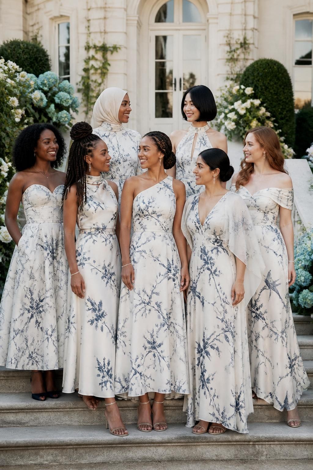 Realistic spring estate wedding photograph of seven bridesmaids wearing warm ivory dresses printed with elegant navy botanical illustrations, including oversized irises, fine vines, small birds, magnolia branches, and abstract leaves, silhouettes including a basque-waist A-line gown, scarf-neck satin slip, one-shoulder dress, tea-length full skirt, halter column, cape-sleeve gown, and softly draped off-shoulder dress, women with very deep brown, rich brown, reddish brown, golden tan, South Asian olive, East Asian fair, and pale freckled skin tones, naturally varied ages, heights, and body shapes, bright beautiful faces with individual features and realistic texture, hairstyles including coils, locs, braids, polished bobs, sleek buns, waves, and softly wrapped hijab, standing on the steps of a cream manor surrounded by white roses, clipped greenery, and blue hydrangeas, diffused daylight showing the navy print clearly and preserving natural skin tones.